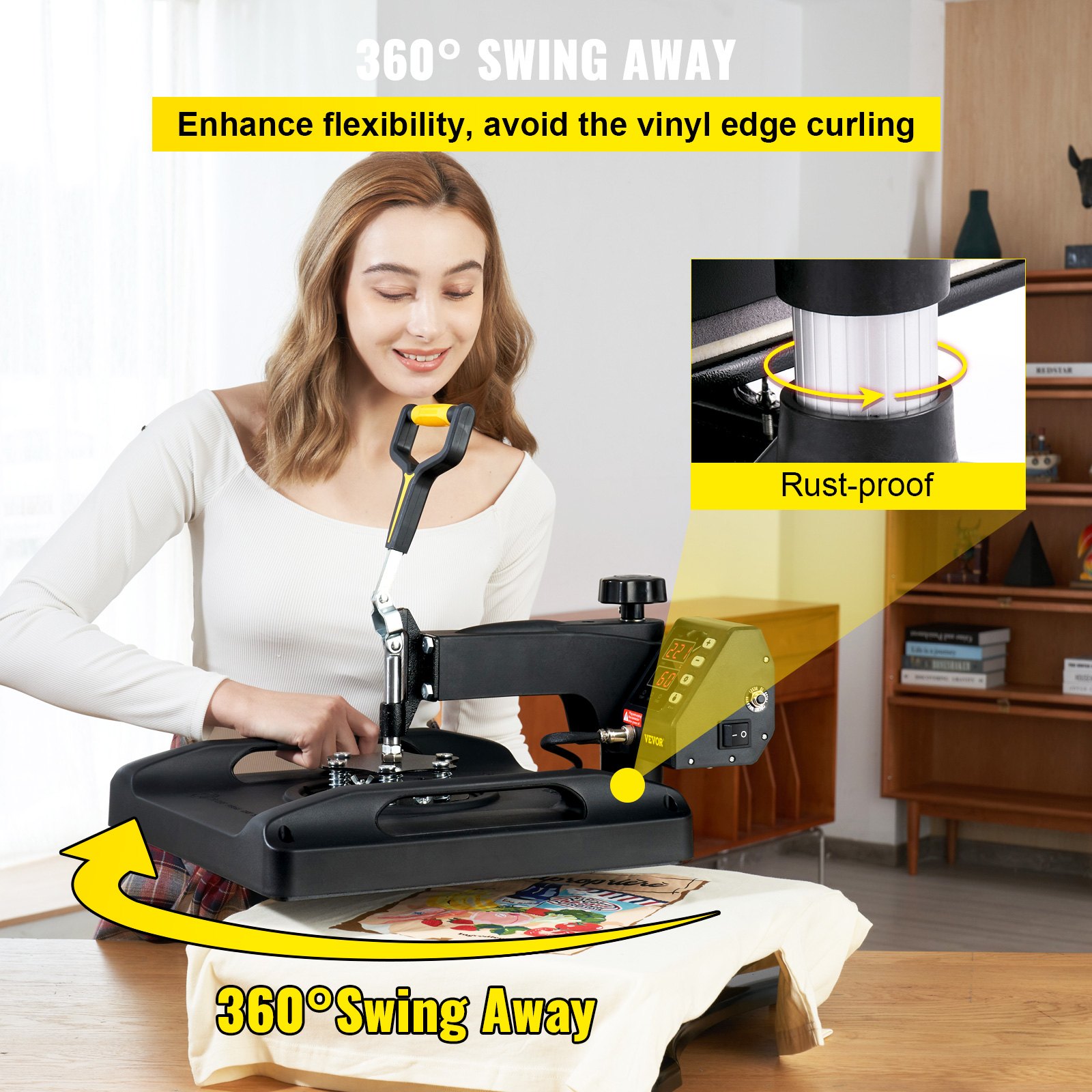 Prensa térmica VEVOR con diseño giratorio de 360° para una mayor flexibilidad y un acabado a prueba de óxido.