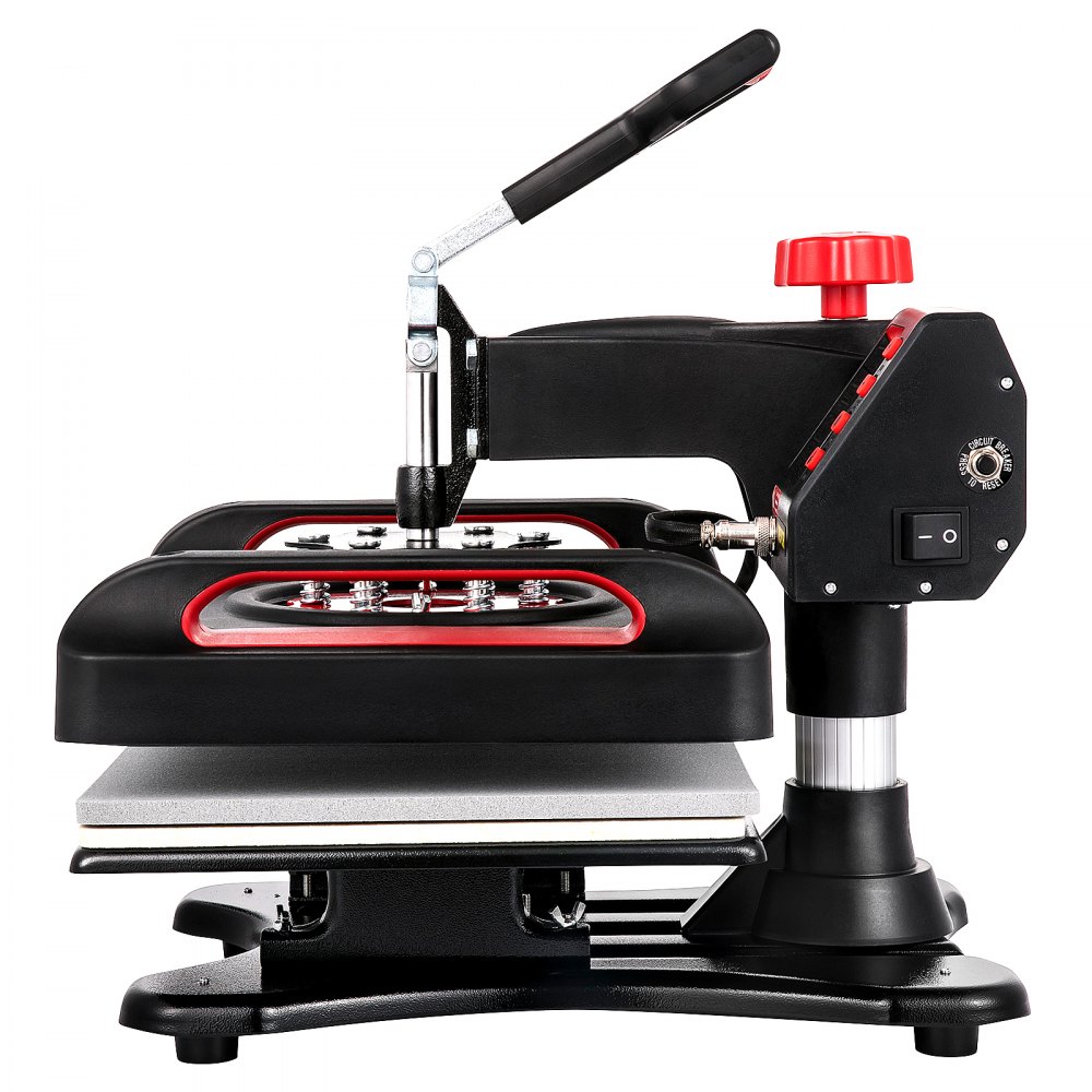 Máquina de prensado térmico VEVOR con detalles en negro y rojo, vista lateral.
