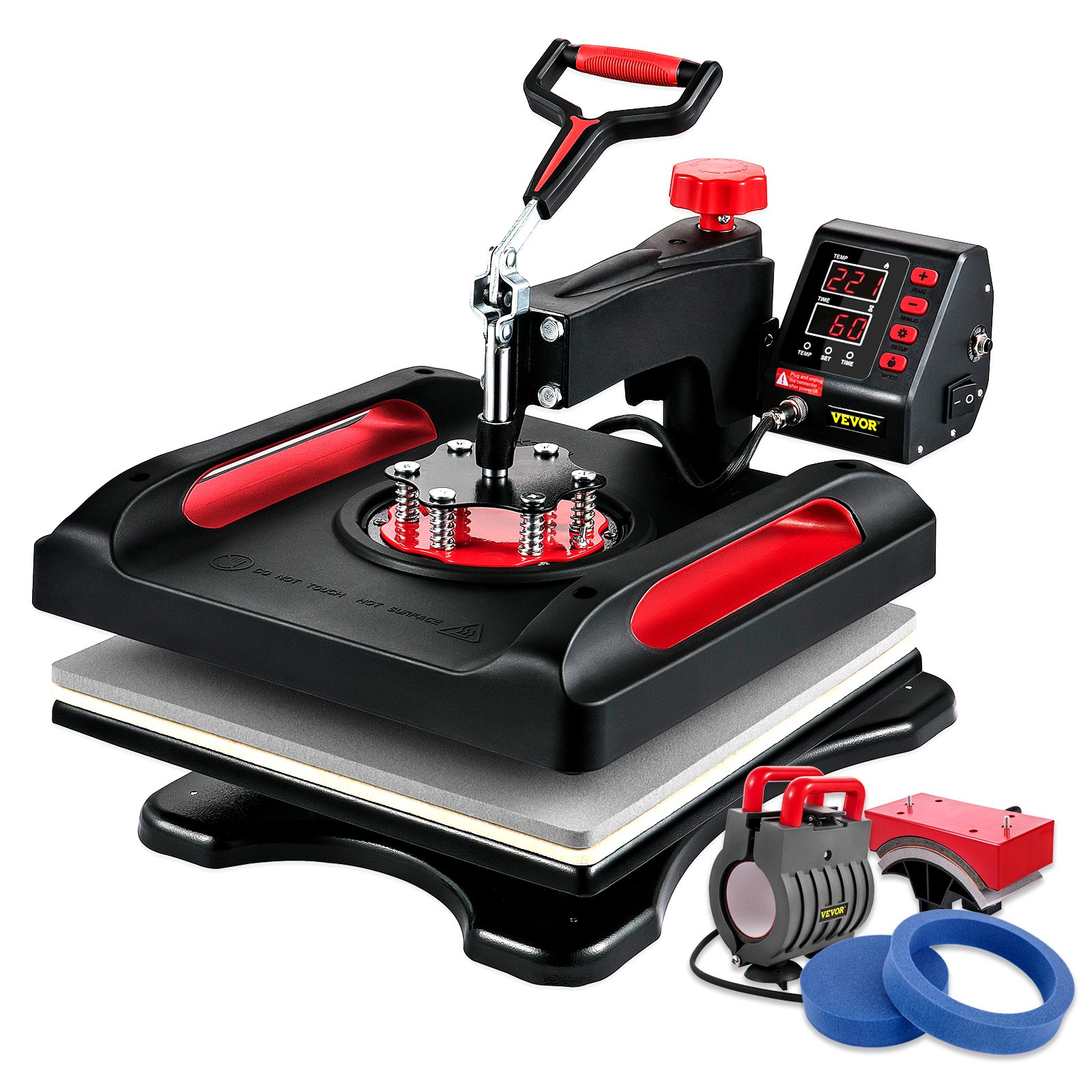 Máquina de prensado térmico VEVOR con accesorios, controles digitales y mango ergonómico.