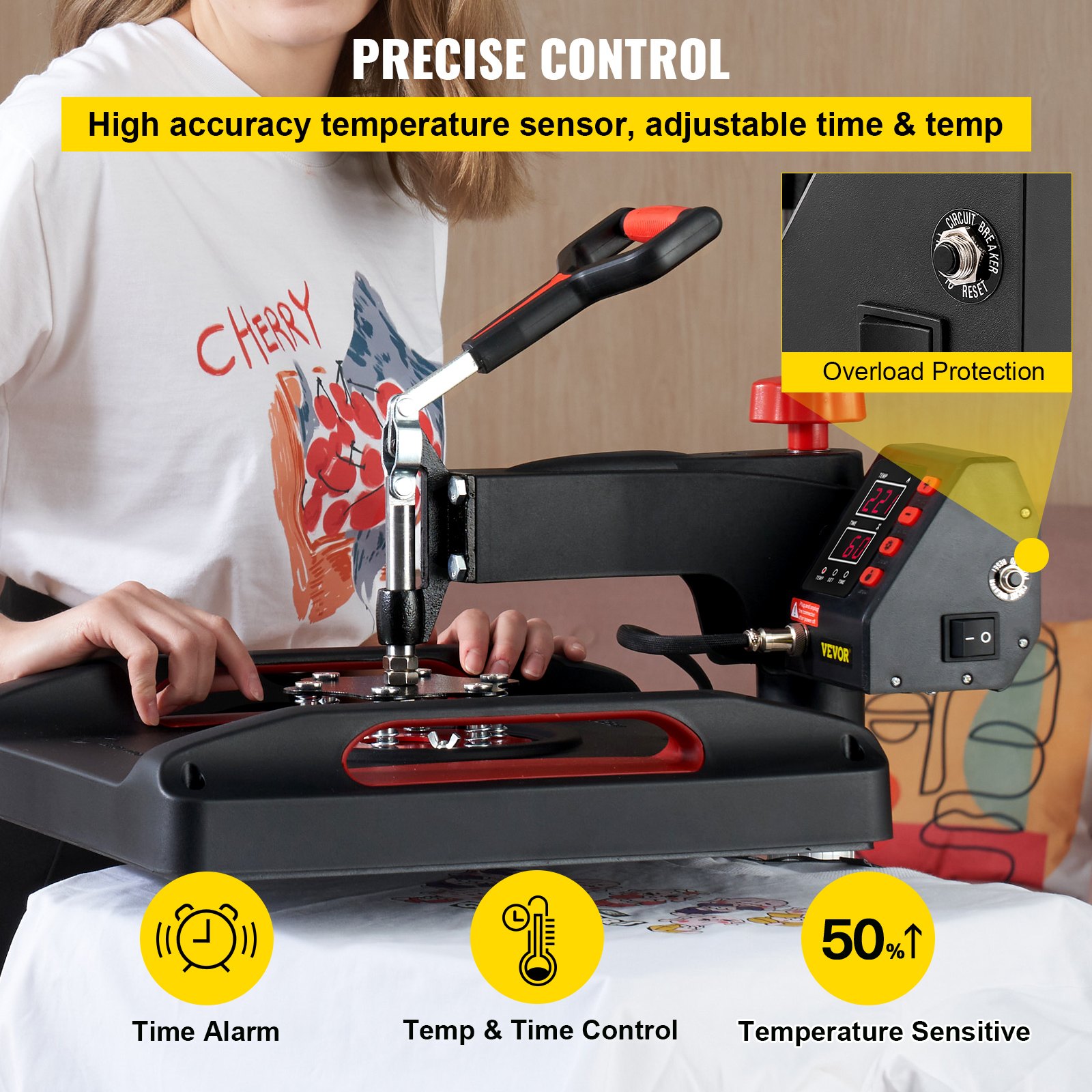 Máquina de prensado térmico VEVOR con sensor de temperatura de alta precisión y tiempo ajustable.