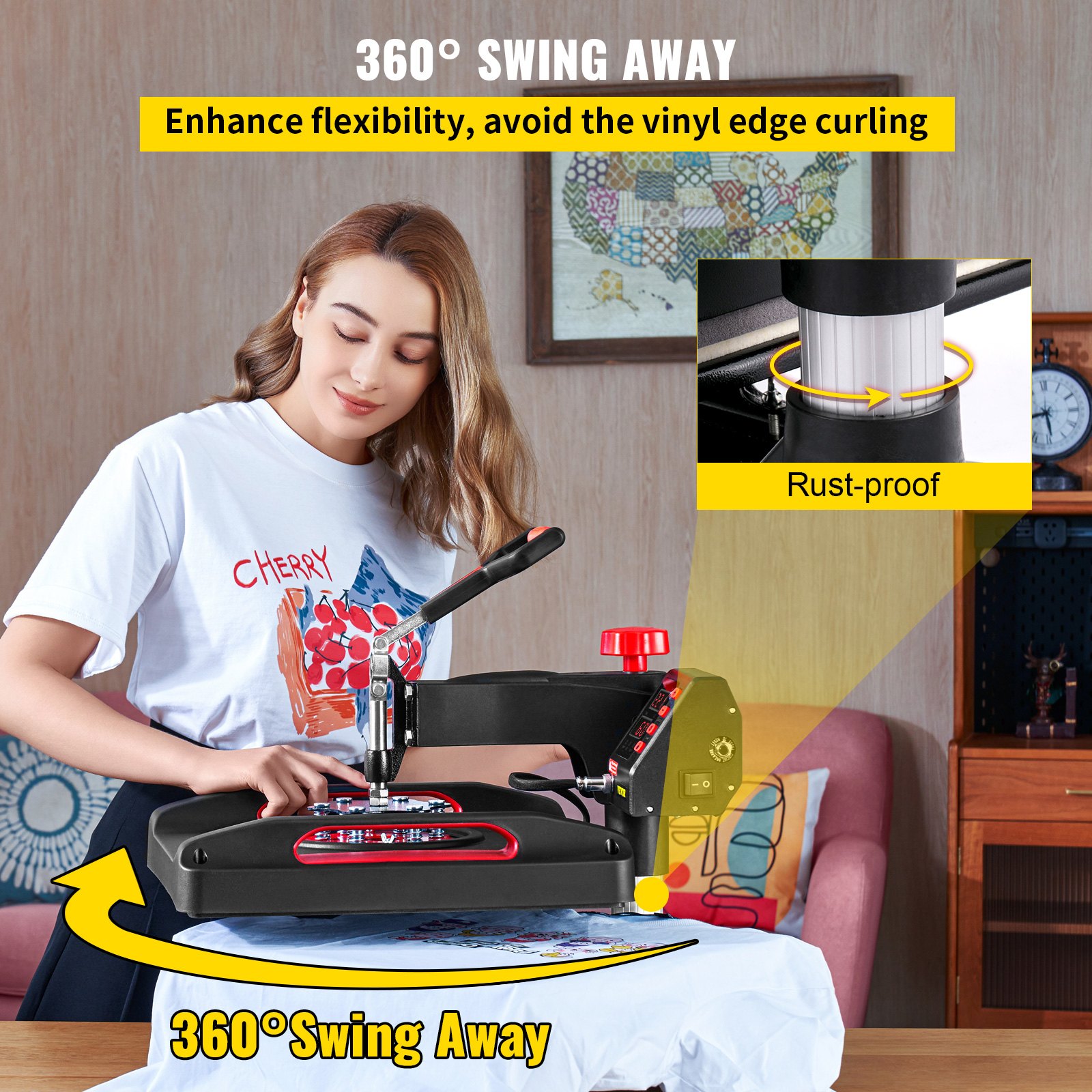 Máquina de prensado térmico VEVOR que mejora la flexibilidad con un diseño giratorio de 360°.