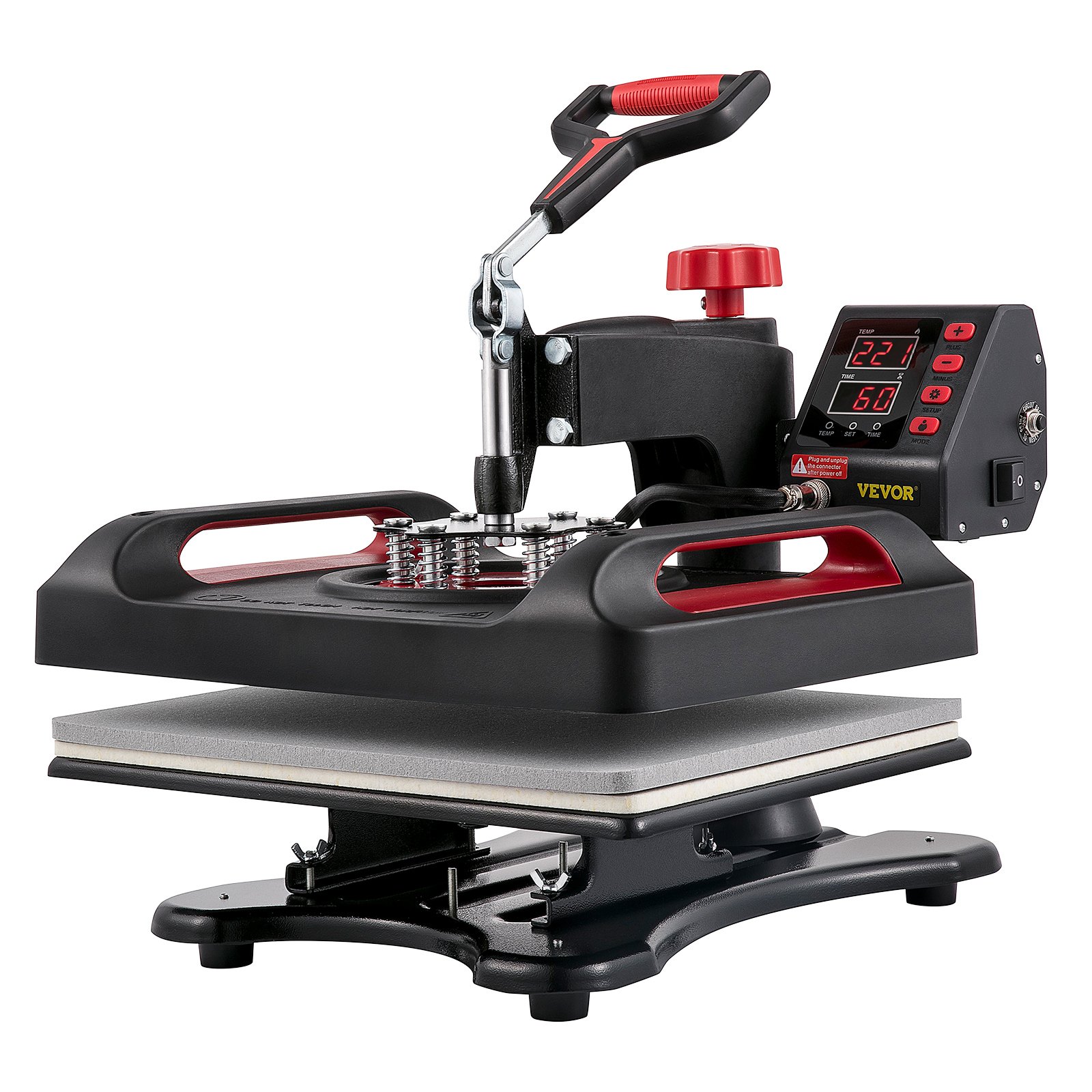 Máquina de prensado térmico VEVOR con pantalla LCD y mango rojo.
