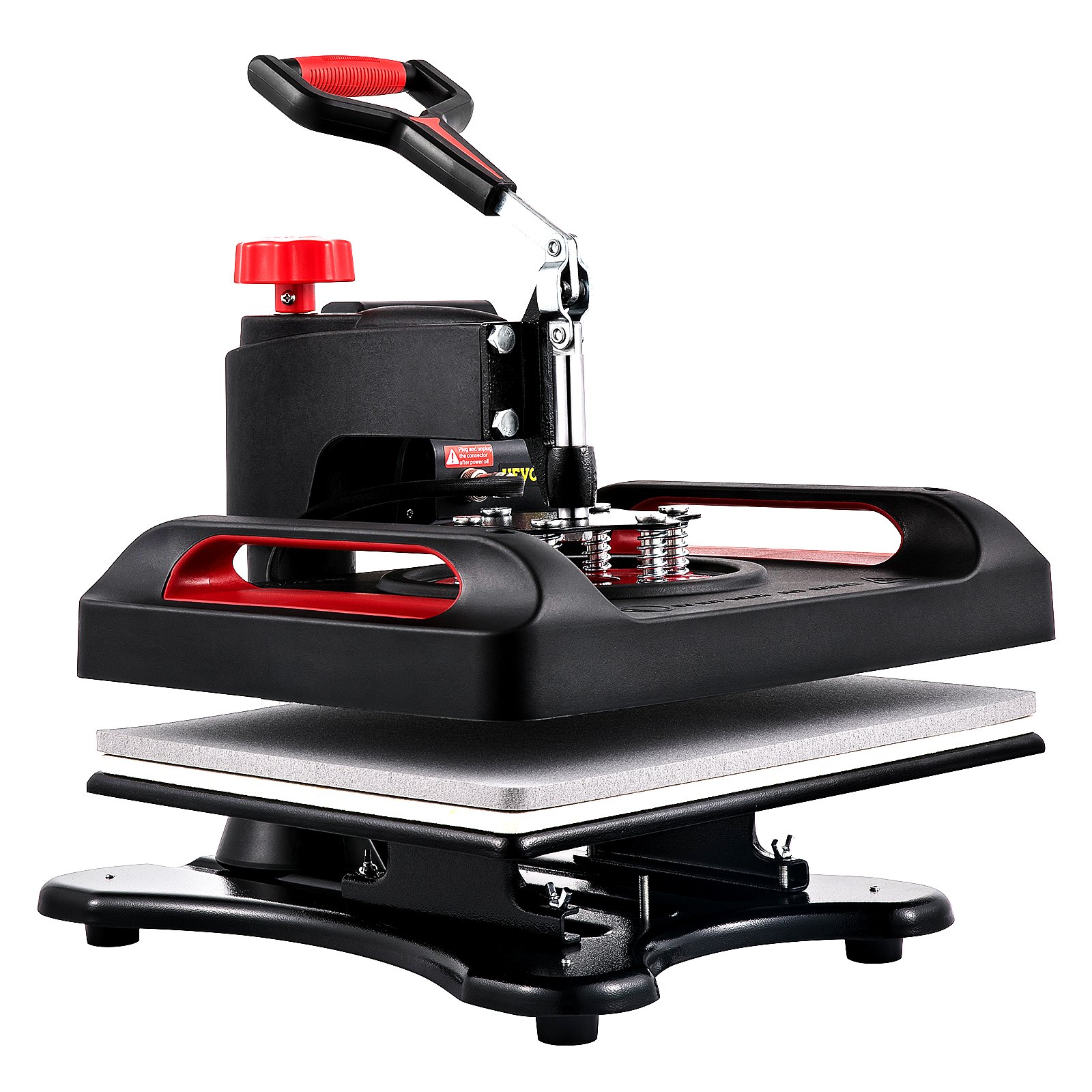 Máquina de prensado térmico VEVOR con diseño negro y rojo y mango ajustable.