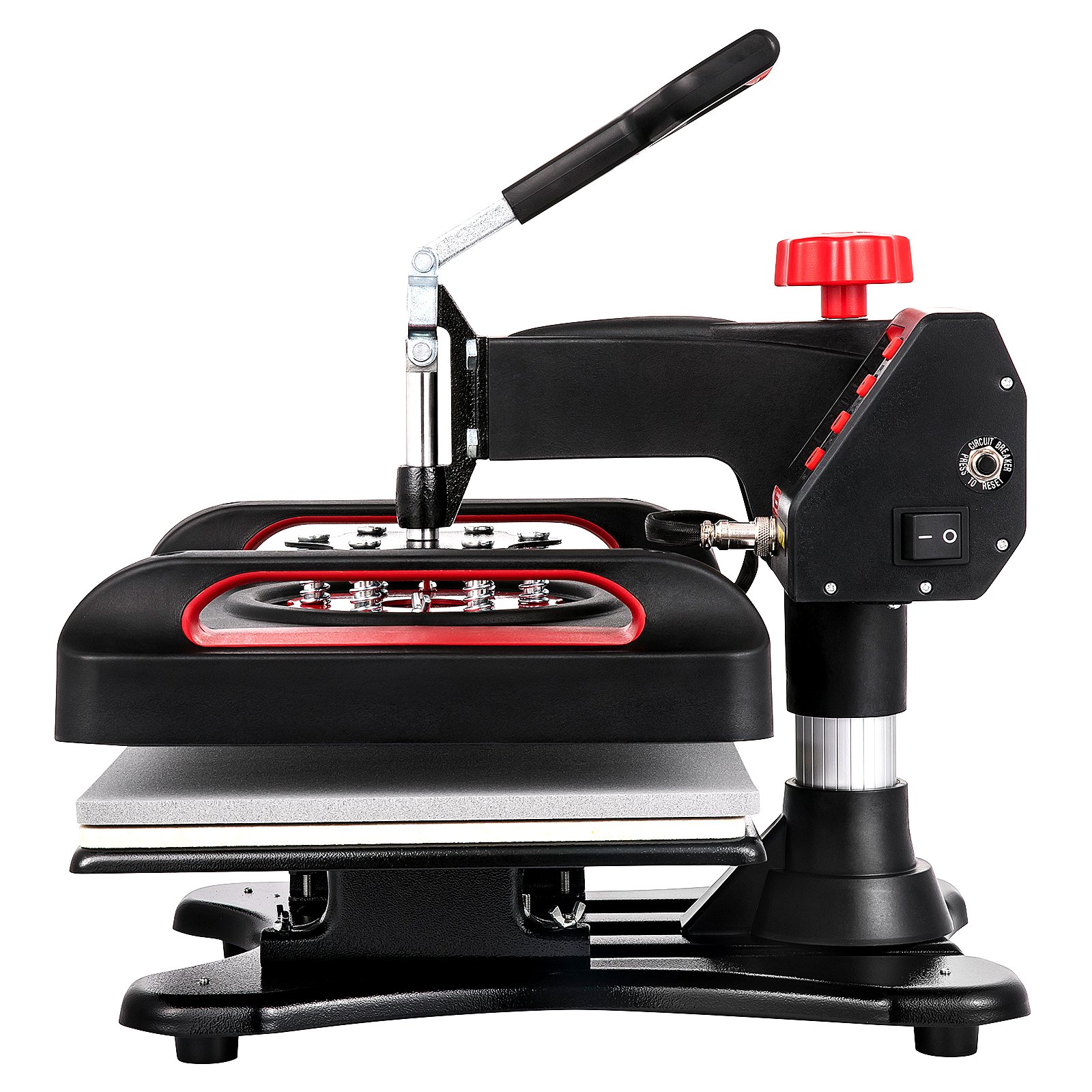 Máquina de prensado térmico VEVOR con detalles en negro y rojo, vista lateral.
