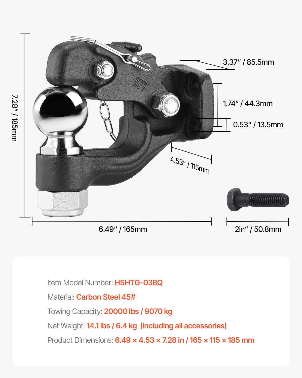 Gancho de pivote VEVOR, capacidad de remolque de 20 000 lb, combinación de gancho receptor para enganches de remolque, bola de enganche de 2-5/16 pulgadas, compatible con anilla de luneta de 2,5 a 3 pulgadas con kit de montaje, resistente al desgaste, recubrimiento en polvo negro