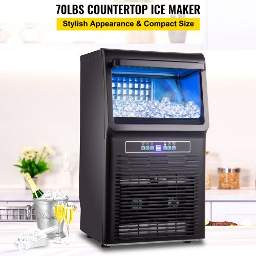 Máquina de hielo VEVOR de 110 V para encimera, 70 libras/24 horas, máquina de hielo portátil automática de 350 W con almacenamiento de 11 libras, 36 piezas por bandeja, funcionamiento automático, luz azul, incluye filtro de agua, tubo de drenaje, pala