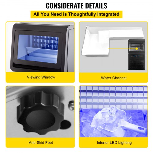 Máquina de hielo VEVOR de 110 V para encimera, 70 libras/24 horas, máquina de hielo portátil automática de 350 W con almacenamiento de 11 libras, 36 piezas por bandeja, funcionamiento automático, luz azul, incluye filtro de agua, tubo de drenaje, pala
