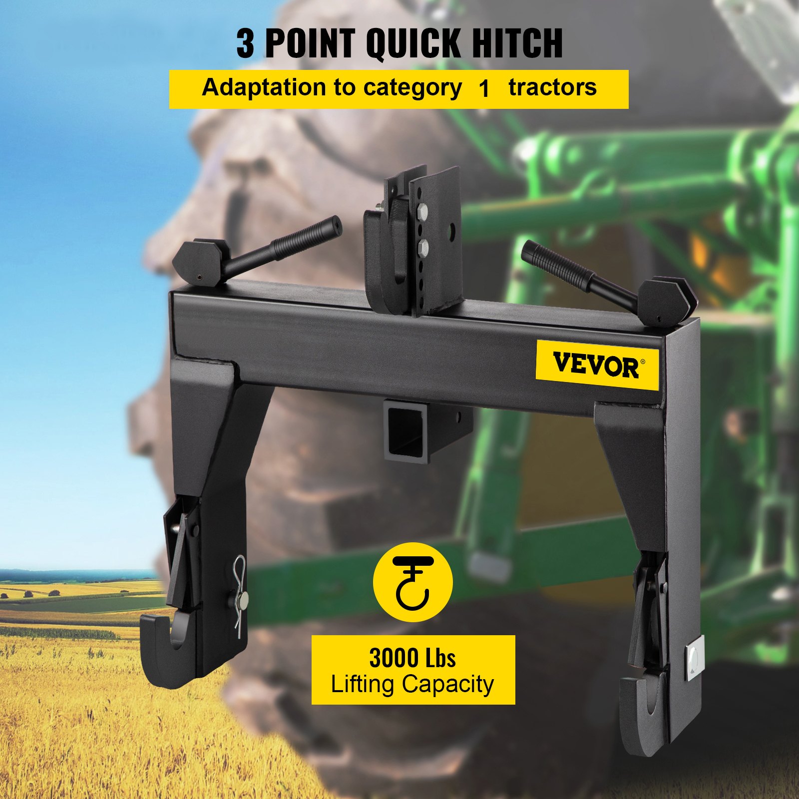 Enganche rápido de 3 puntos VEVOR para tractores de categoría 1 y 2, capacidad de elevación de 3000 lbs.