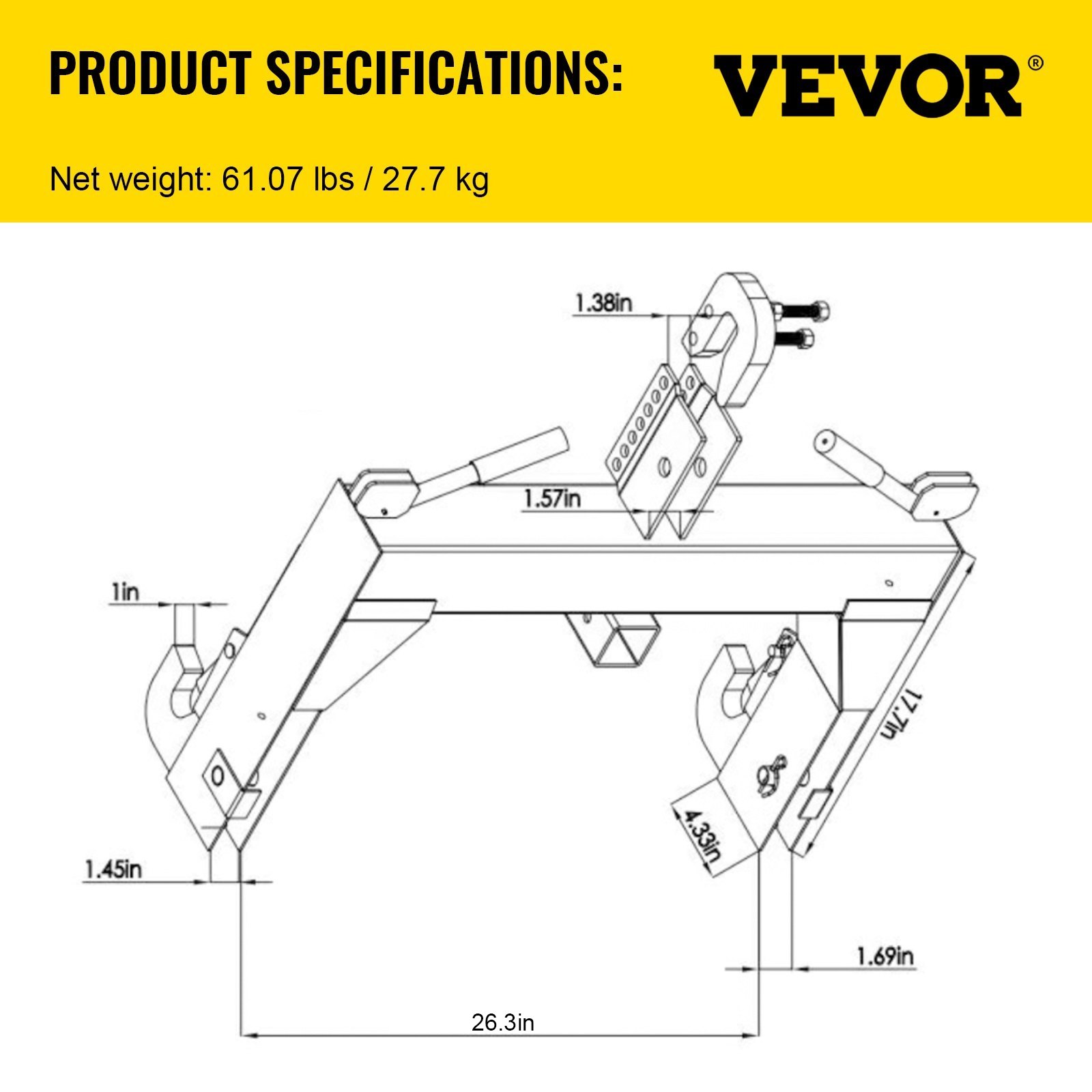 Especificaciones del enganche rápido de 3 puntos VEVOR, peso neto: 61,07 lbs / 27,7 kg.
