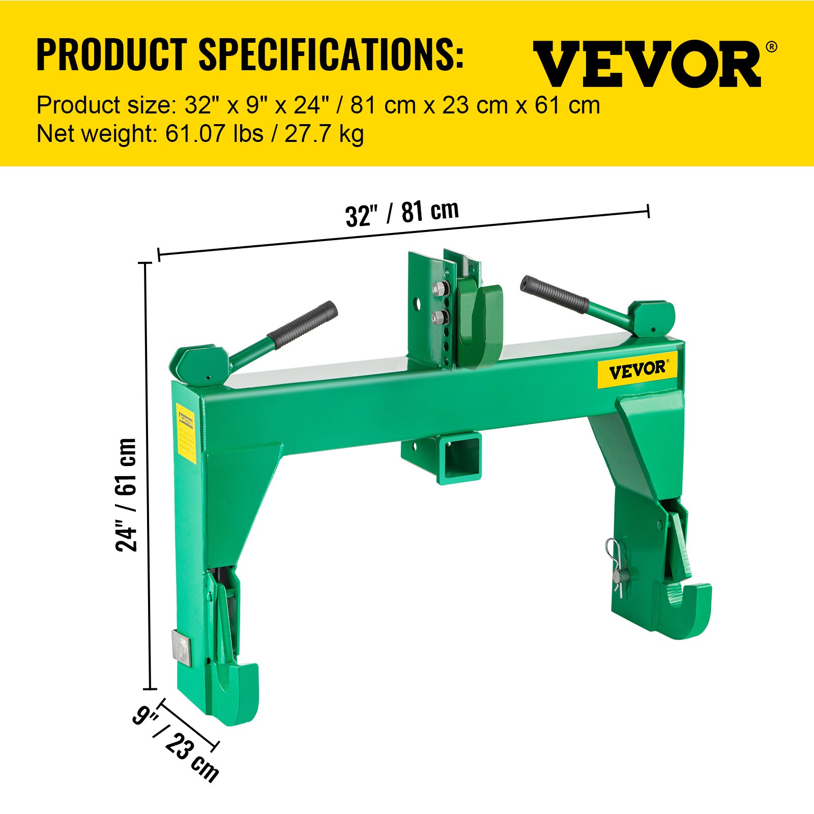Enganche rápido de 3 puntos VEVOR, verde, 32&quot; x 9&quot; x 24&quot;, 61 lbs.