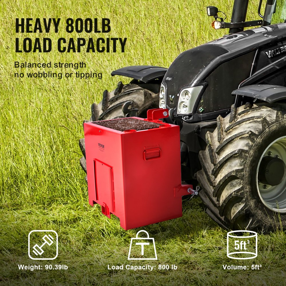 Caja de lastre VEVOR unida a un tractor en un campo, que muestra una capacidad de carga de 800 lb y otras características.