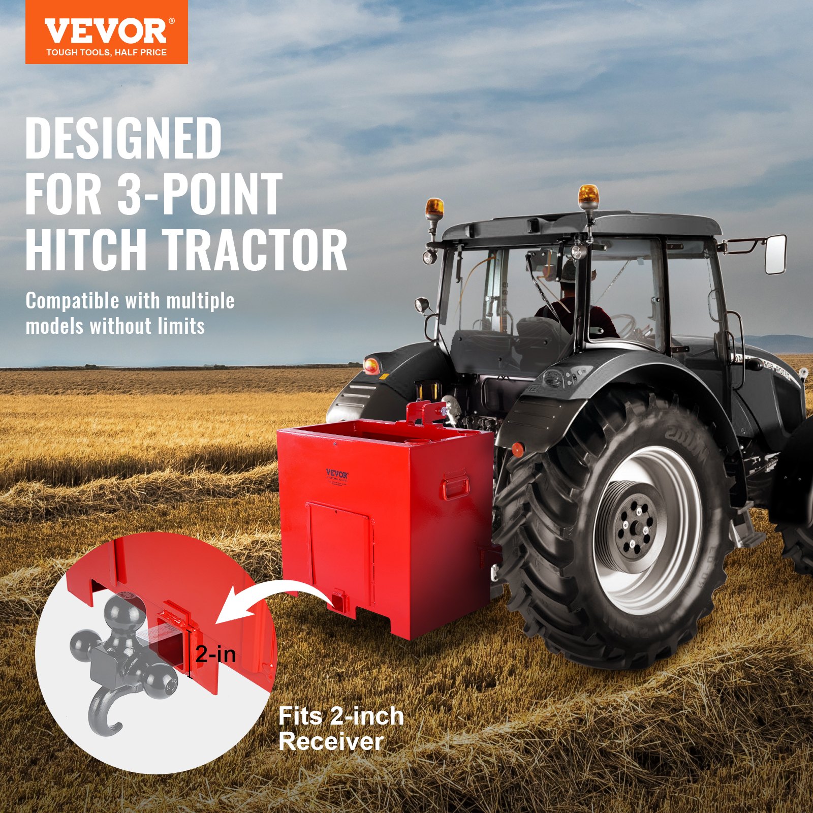 Caja de lastre VEVOR en tractor con enganche de 3 puntos en campo abierto, se adapta a receptor de 2 pulgadas.