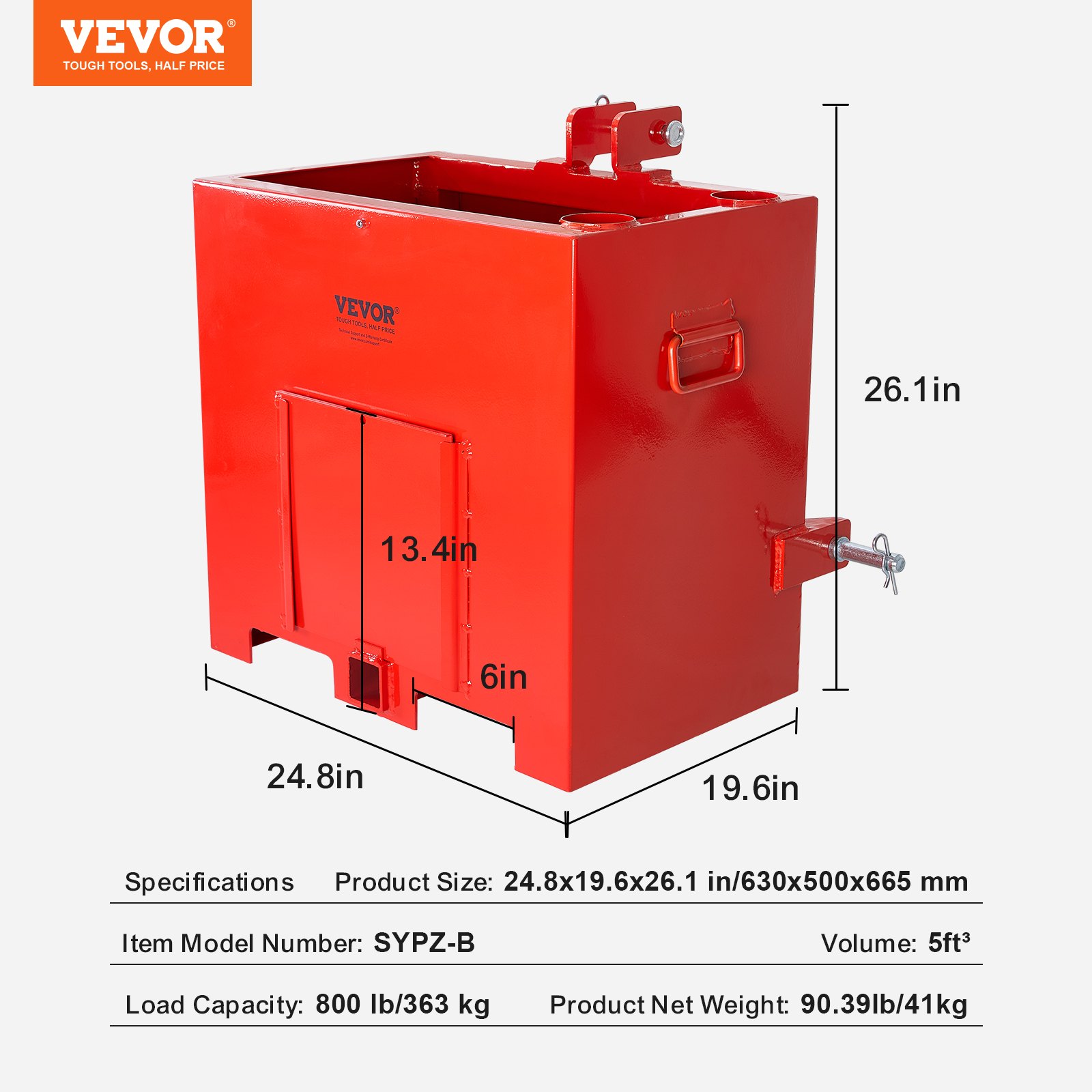 Caja de lastre roja VEVOR con especificaciones: 24,8 x 19,6 x 26,1 pulgadas, capacidad de carga 800 libras, modelo sypz-b.