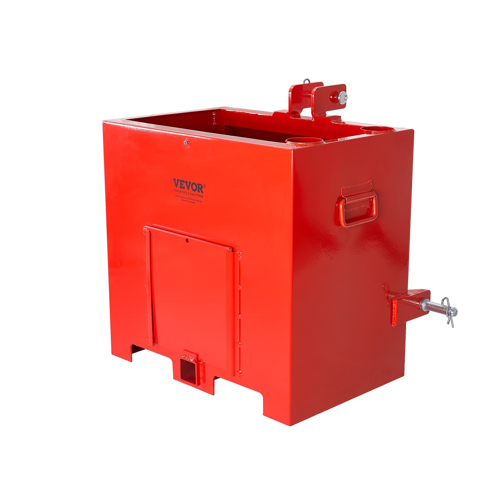 Caja de lastre VEVOR roja con asa y puntos de enganche, diseñada para tractores y maquinaria pesada.