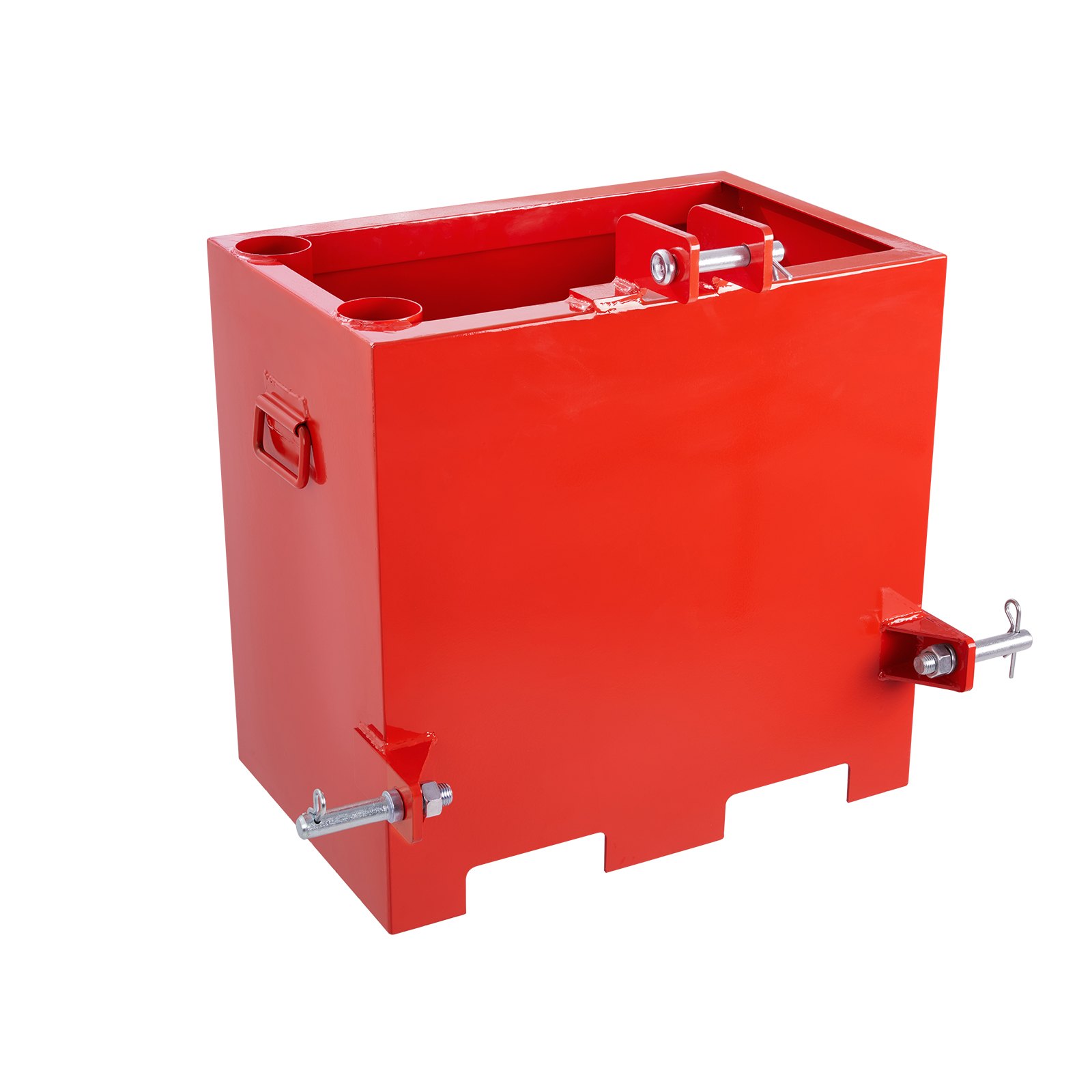 Caja de lastre VEVOR roja con asas laterales y pasadores metálicos, diseñada para la estabilidad y el peso del tractor.