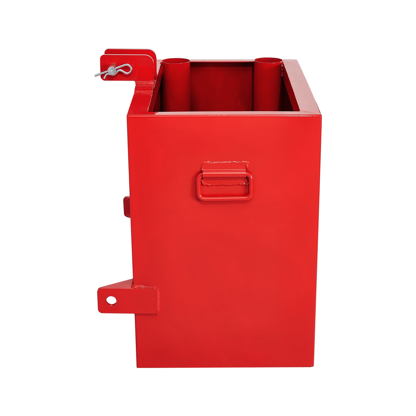 Caja de lastre VEVOR roja para estabilidad del tractor con asas laterales y pasadores de seguridad.
