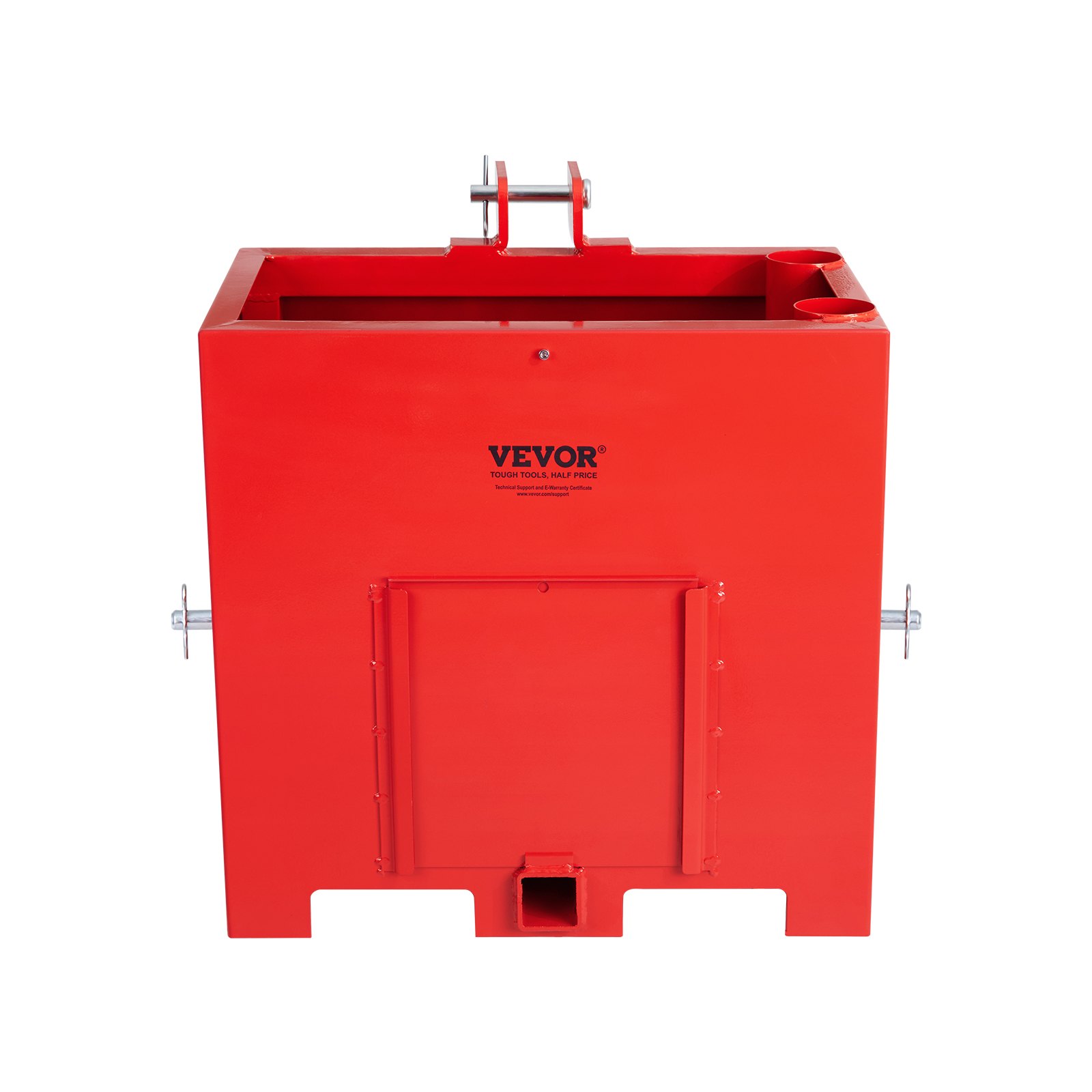 Caja de lastre VEVOR roja con soportes metálicos y funciones estabilizadoras para tractores y equipos pesados.