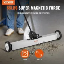 VEVOR Barredora magnética rodante de 55 libras con ruedas, barredora magnética de tipo empuje, barredora de césped con imán grande de 24 pulgadas con mango telescópico, fácil limpieza del patio del garaje del taller