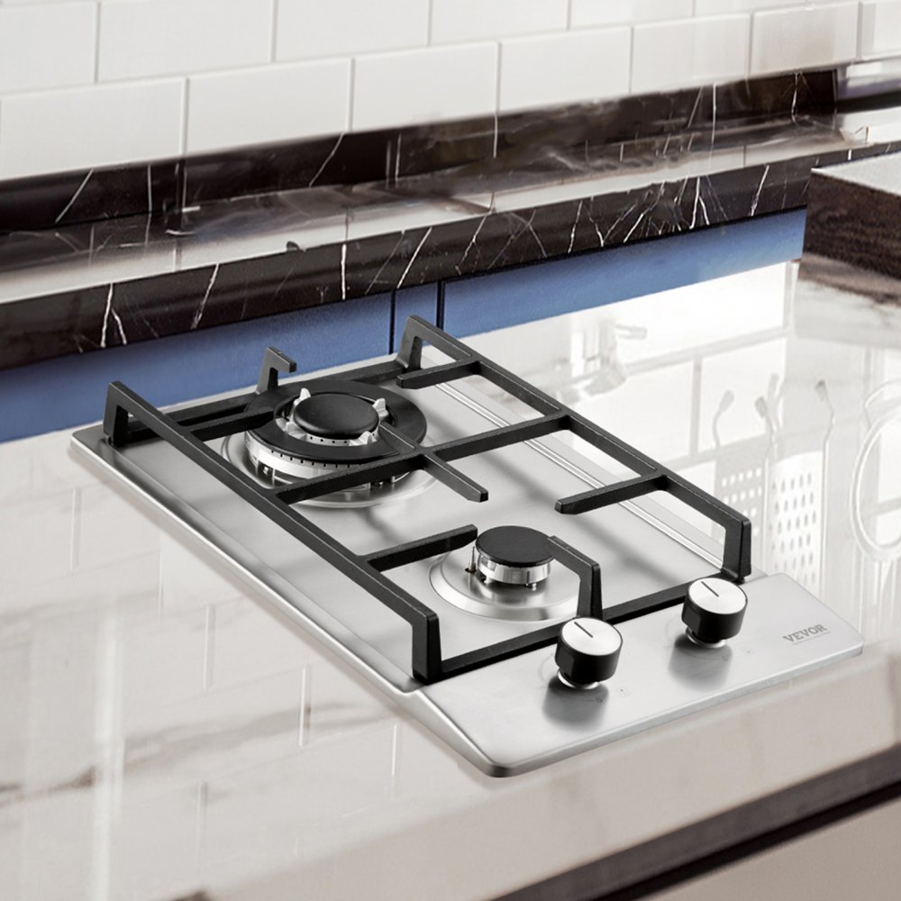 Cocina a gas VEVOR de 12 pulgadas, máx. 12250 BTU, 2 quemadores integrados de acero inoxidable, placa de gas natural convertible a GLP/GN con protección de termopar para exteriores, cocina, camping y autocaravanas.