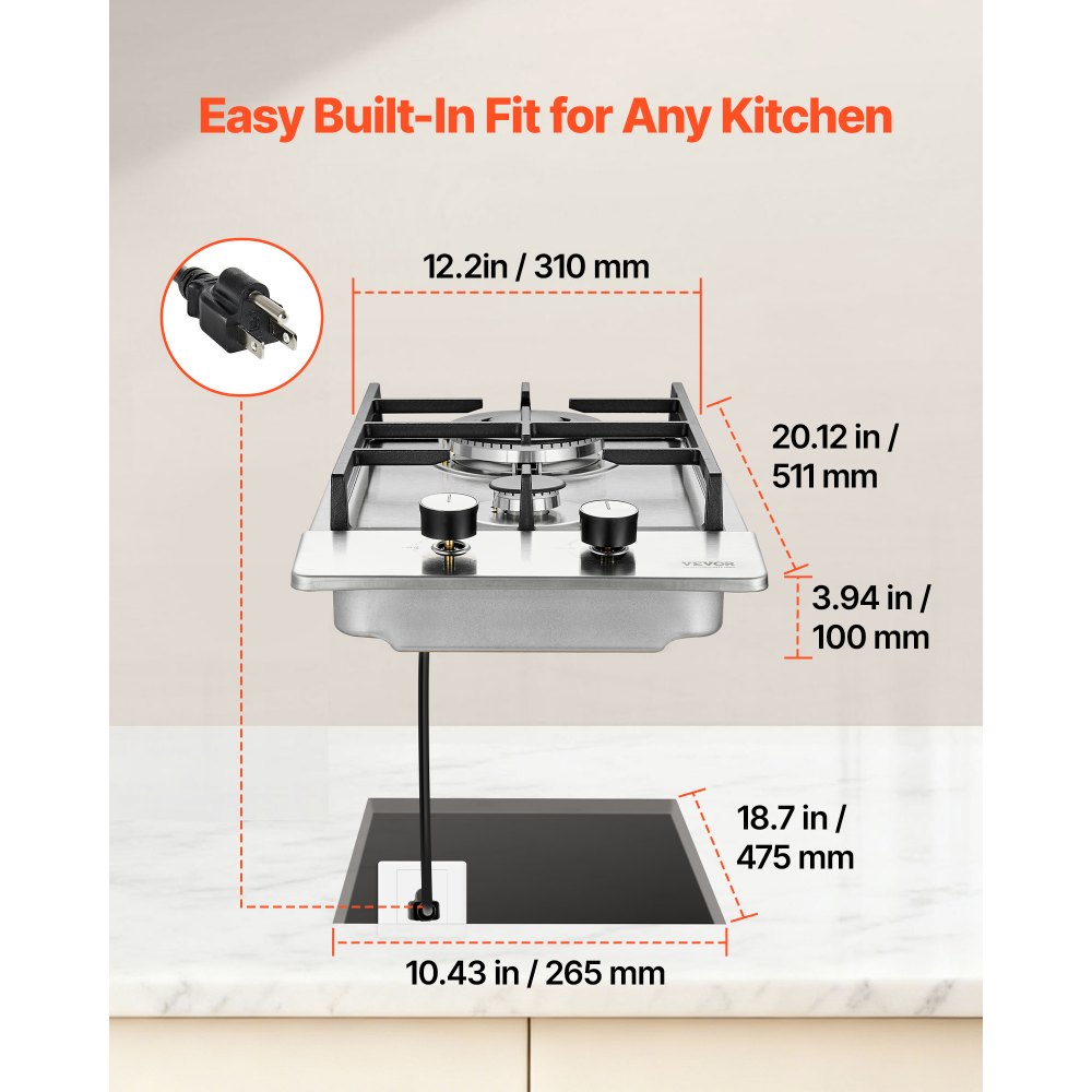 Cocina a gas VEVOR de 12 pulgadas, máx. 12250 BTU, 2 quemadores integrados de acero inoxidable, placa de gas natural convertible a GLP/GN con protección de termopar para exteriores, cocina, camping y autocaravanas.