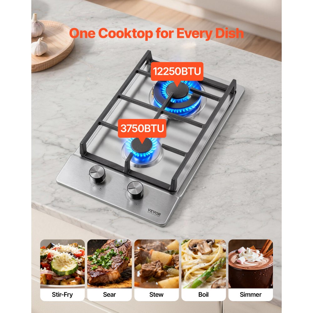 Cocina a gas VEVOR de 12 pulgadas, máx. 12250 BTU, 2 quemadores integrados de acero inoxidable, placa de gas natural convertible a GLP/GN con protección de termopar para exteriores, cocina, camping y autocaravanas.