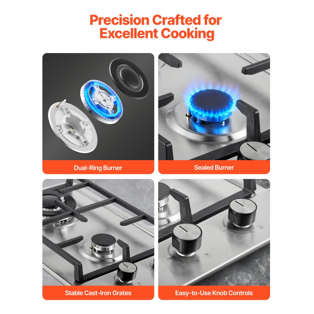 Cocina a gas VEVOR de 12 pulgadas, máx. 12250 BTU, 2 quemadores integrados de acero inoxidable, placa de gas natural convertible a GLP/GN con protección de termopar para exteriores, cocina, camping y autocaravanas.