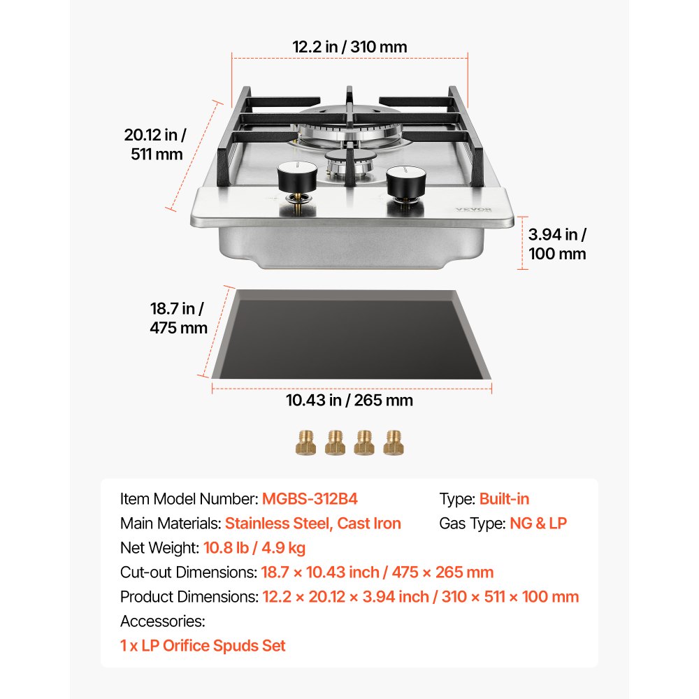 Cocina a gas VEVOR de 12 pulgadas, máx. 12250 BTU, 2 quemadores integrados de acero inoxidable, placa de gas natural convertible a GLP/GN con protección de termopar para exteriores, cocina, camping y autocaravanas.