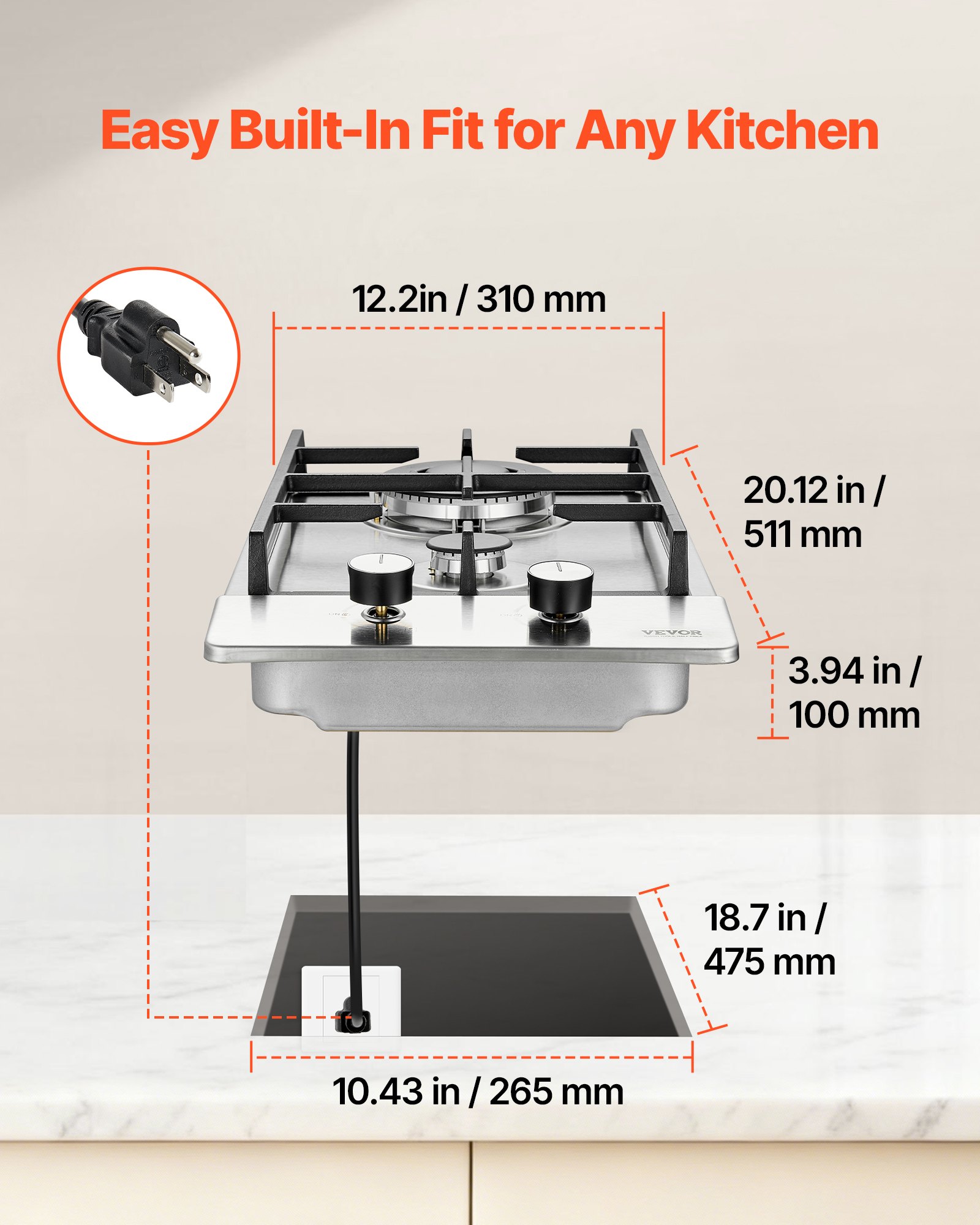 Cocina a gas VEVOR de 12 pulgadas, máx. 12250 BTU, 2 quemadores integrados de acero inoxidable, placa de gas natural convertible a GLP/GN con protección de termopar para exteriores, cocina, camping y autocaravanas.