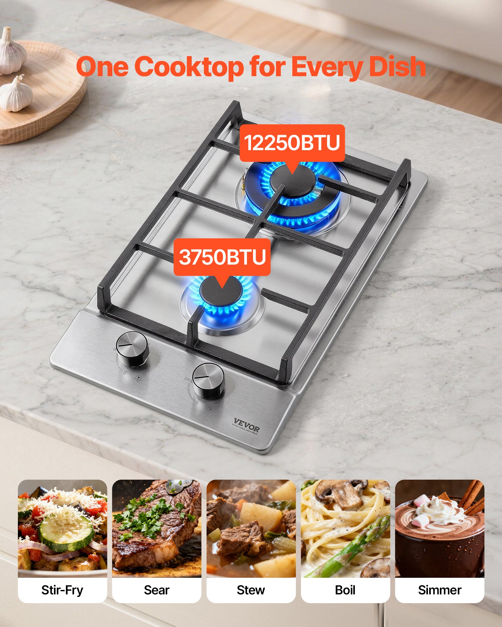 Cocina a gas VEVOR de 12 pulgadas, máx. 12250 BTU, 2 quemadores integrados de acero inoxidable, placa de gas natural convertible a GLP/GN con protección de termopar para exteriores, cocina, camping y autocaravanas.