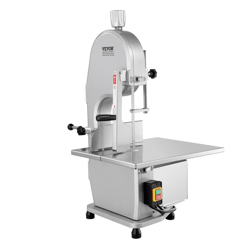 Sierra de cinta eléctrica comercial para carne VEVOR, 1800 W, de acero inoxidable, para cortar huesos de encimera, Workbeach, 38 x 48 cm, grosor máximo de corte de 18 cm, cortadora de carne congelada con 5 cuchillas para costillas de cerdo y res.