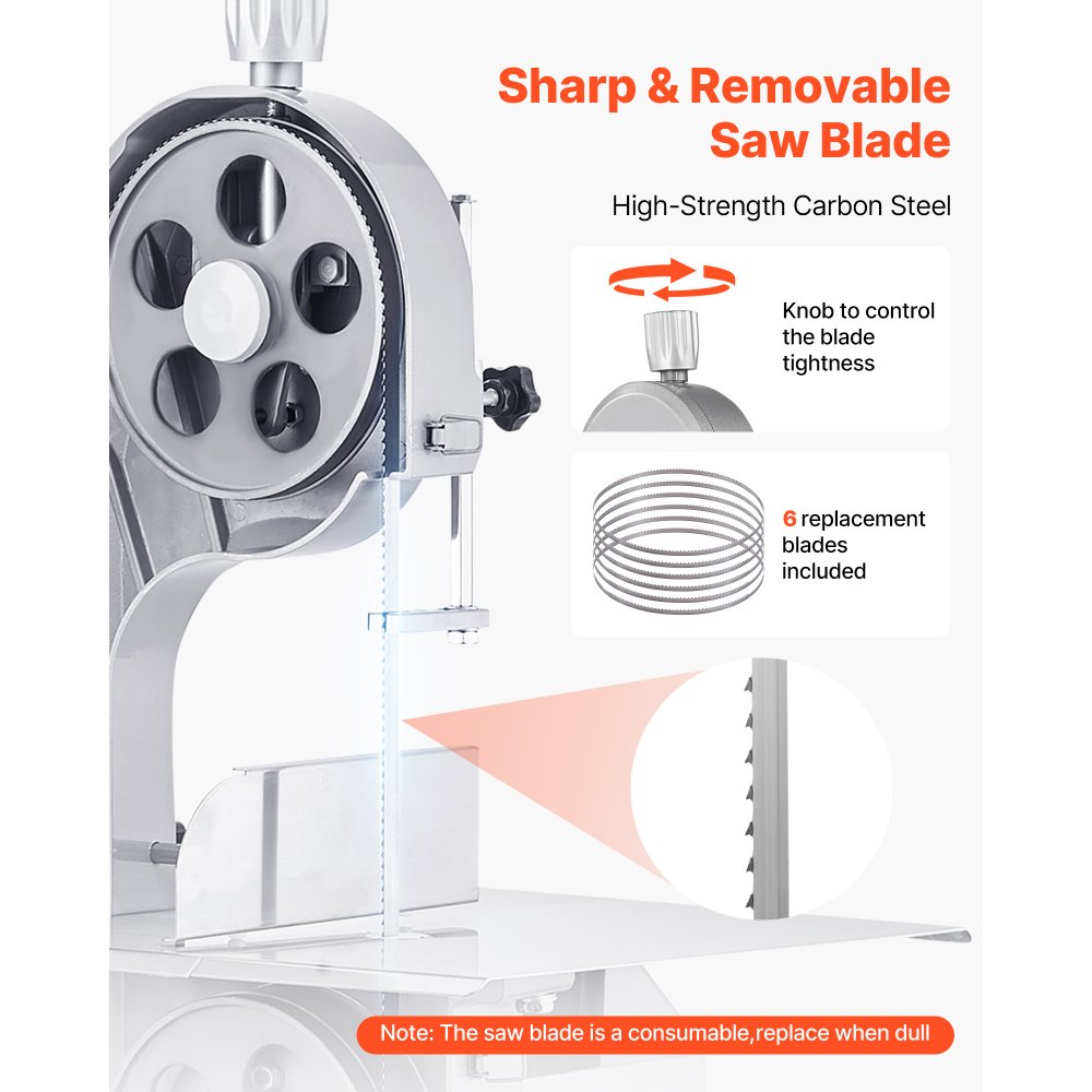 Sierra de cinta eléctrica comercial para carne VEVOR, 1800 W, de acero inoxidable, para cortar huesos de encimera, Workbeach, 38 x 48 cm, grosor máximo de corte de 18 cm, cortadora de carne congelada con 5 cuchillas para costillas de cerdo y res.