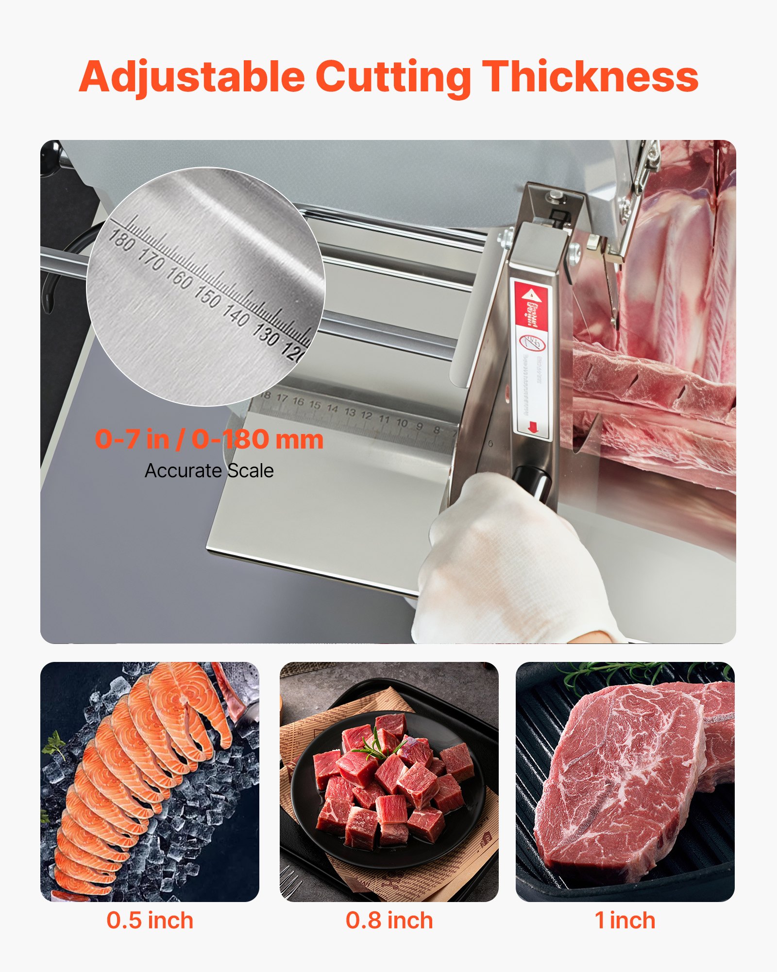 Sierra de cinta eléctrica comercial para carne VEVOR, 1800 W, de acero inoxidable, para cortar huesos de encimera, Workbeach, 38 x 48 cm, grosor máximo de corte de 18 cm, cortadora de carne congelada con 5 cuchillas para costillas de cerdo y res.