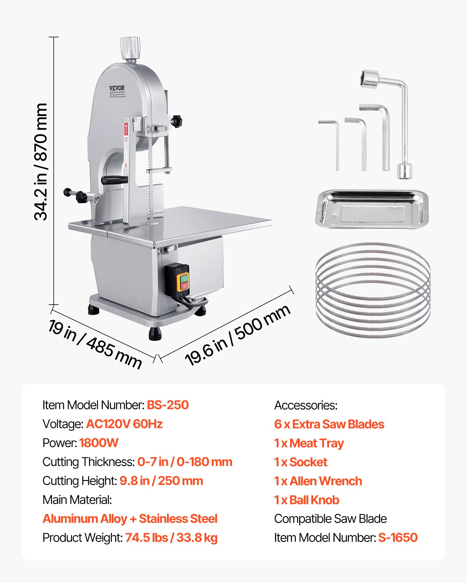 Sierra de cinta eléctrica comercial para carne VEVOR, 1800 W, de acero inoxidable, para cortar huesos de encimera, Workbeach, 38 x 48 cm, grosor máximo de corte de 18 cm, cortadora de carne congelada con 5 cuchillas para costillas de cerdo y res.