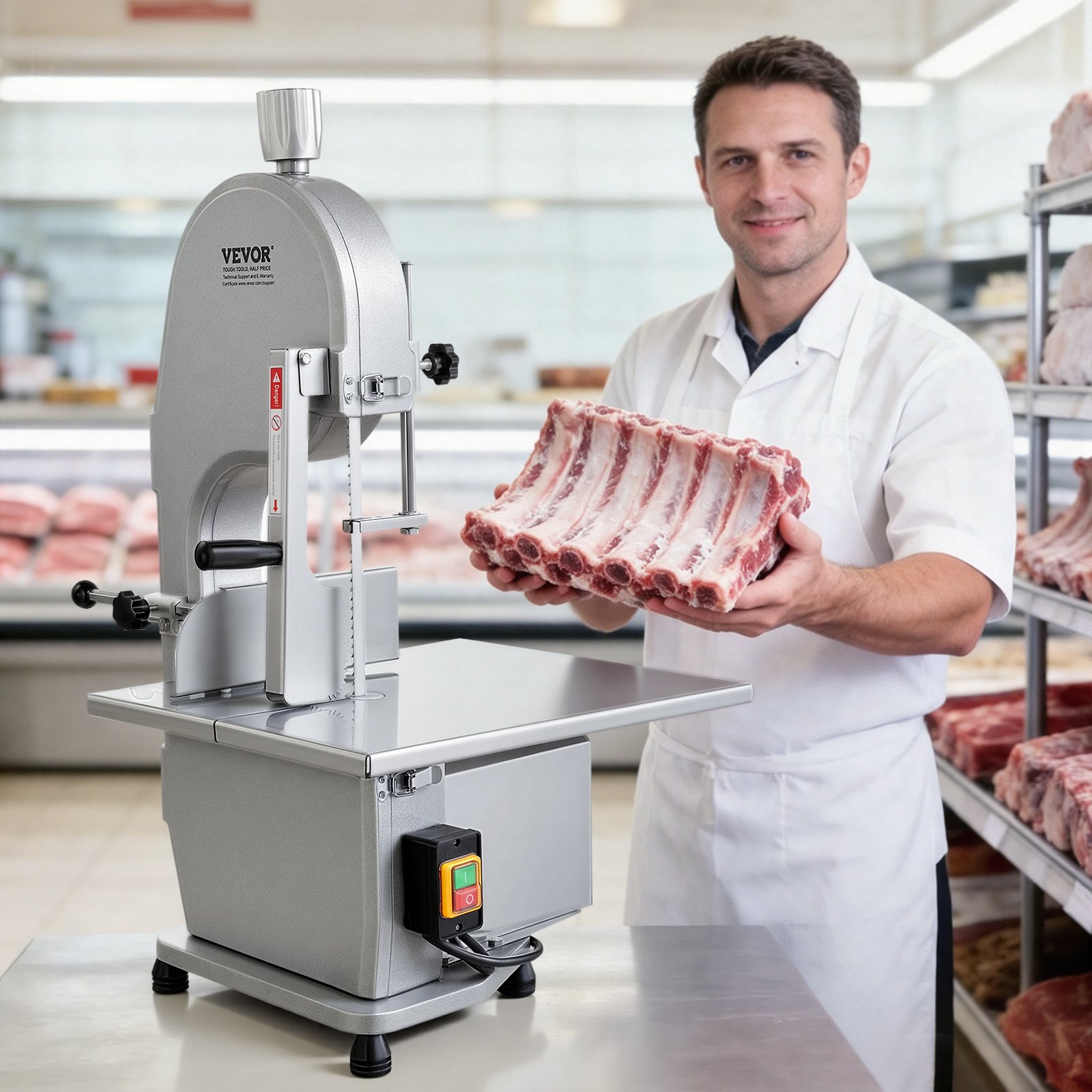 Sierra de cinta eléctrica comercial para carne VEVOR, 1800 W, de acero inoxidable, para cortar huesos de encimera, Workbeach, 38 x 48 cm, grosor máximo de corte de 18 cm, cortadora de carne congelada con 5 cuchillas para costillas de cerdo y res.