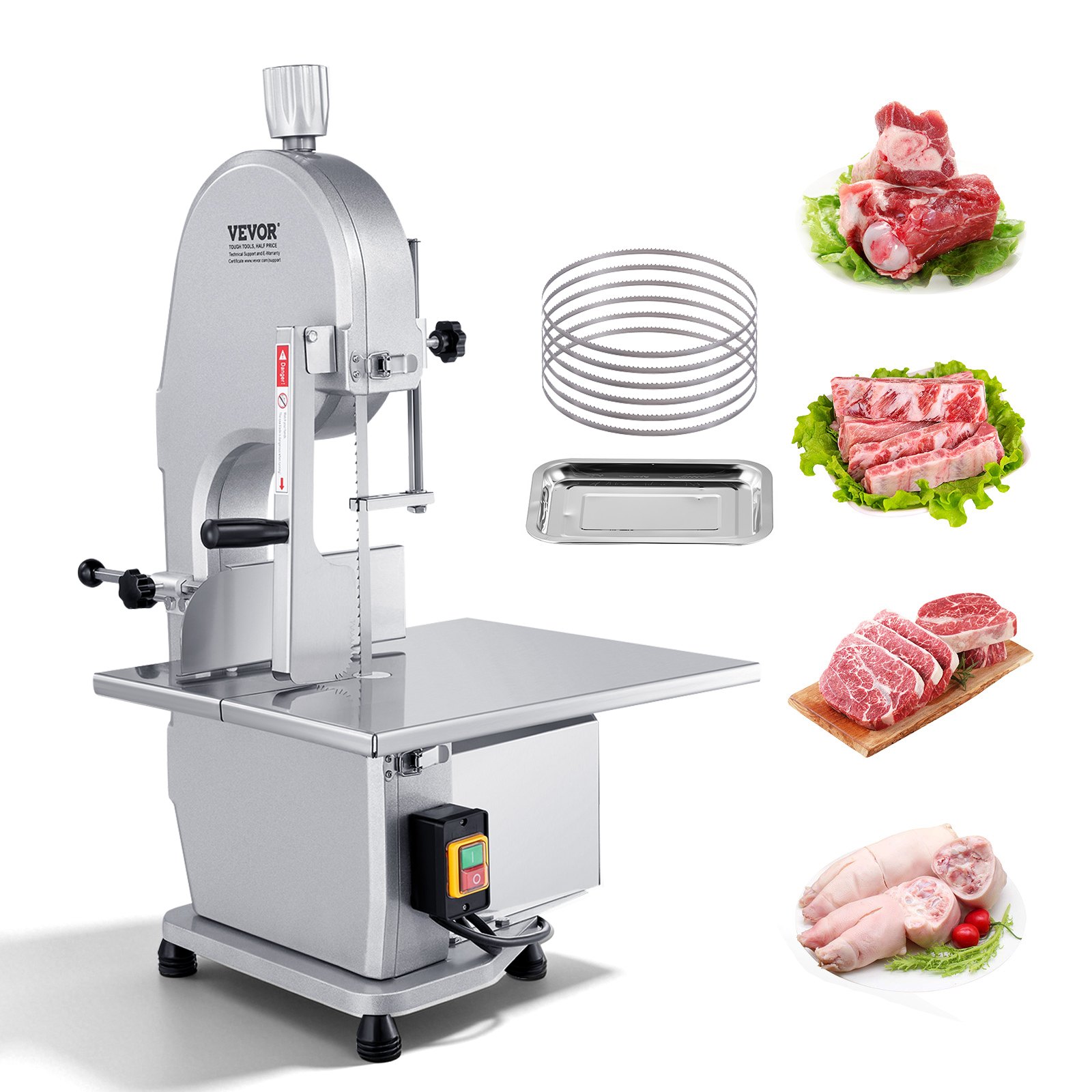 Sierra de cinta eléctrica comercial para carne VEVOR, 1800 W, de acero inoxidable, para cortar huesos de encimera, Workbeach, 38 x 48 cm, grosor máximo de corte de 18 cm, cortadora de carne congelada con 5 cuchillas para costillas de cerdo y res.
