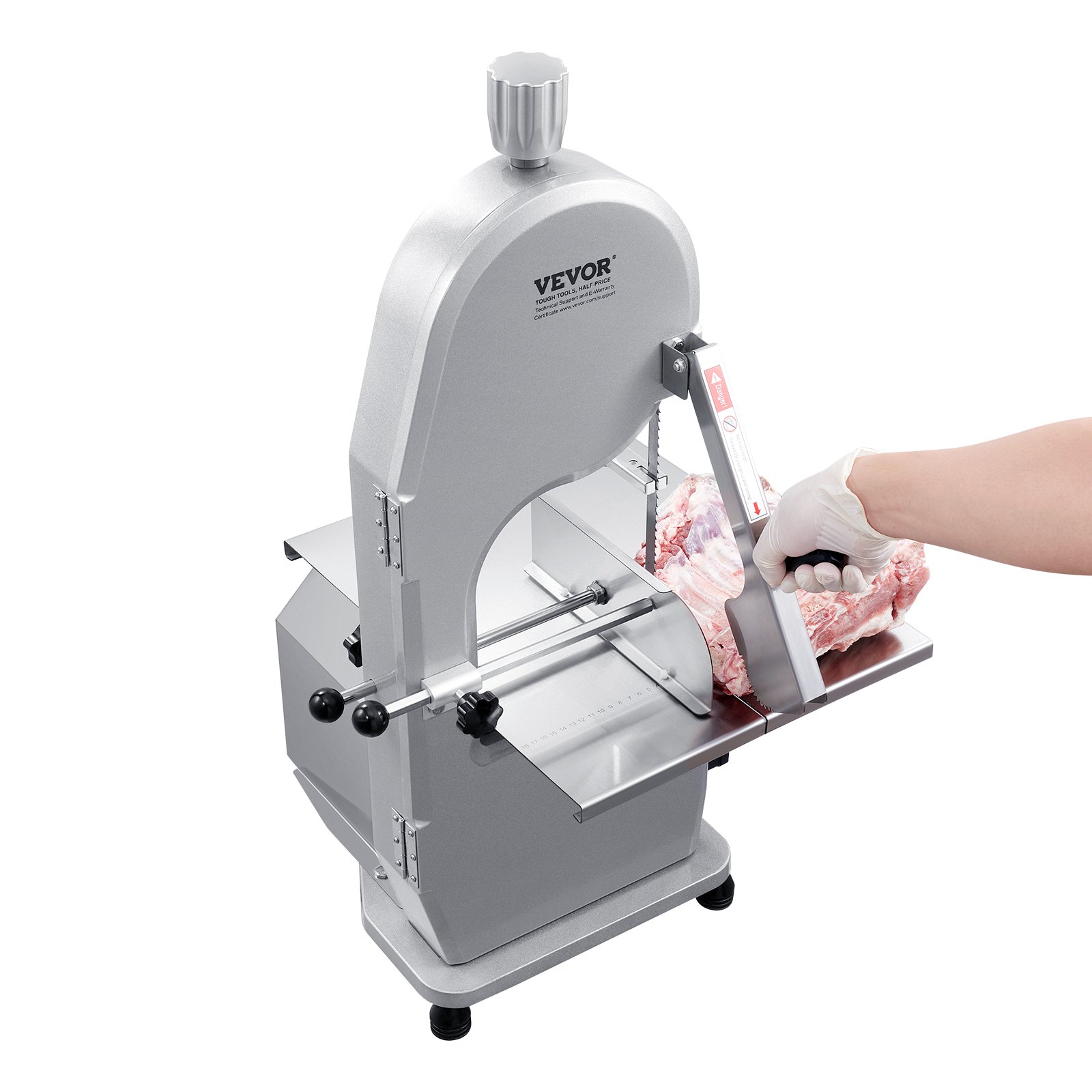 Sierra de cinta eléctrica comercial para carne VEVOR, 1800 W, de acero inoxidable, para cortar huesos de encimera, Workbeach, 38 x 48 cm, grosor máximo de corte de 18 cm, cortadora de carne congelada con 5 cuchillas para costillas de cerdo y res.