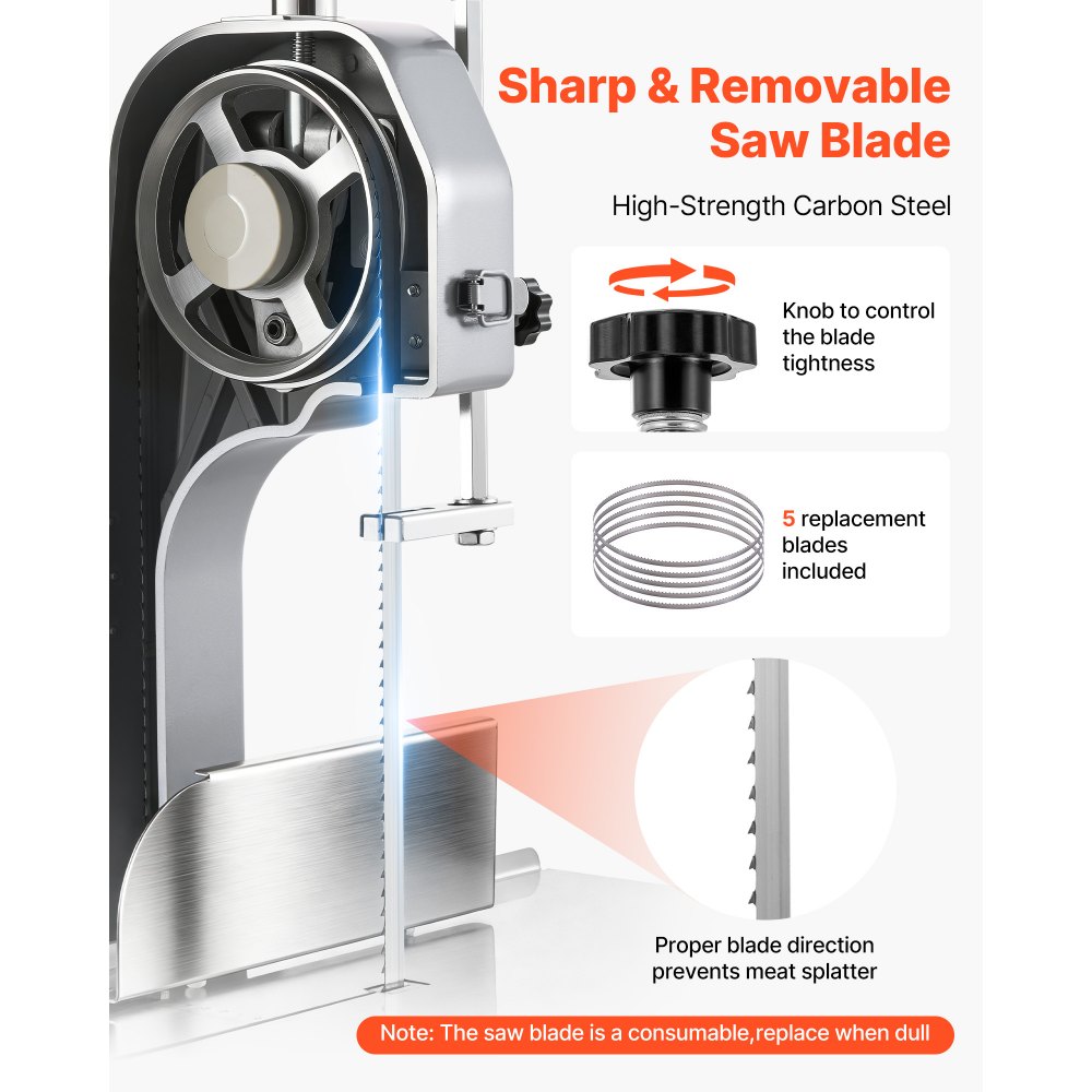 Sierra de cinta eléctrica comercial VEVOR, 650 W, de acero inoxidable, para encimera, con banco de trabajo de 31,7 x 46,5 cm y grosor máximo de corte de 10,9 cm. Corta pescado congelado para costillas, cerdo y ternera.
