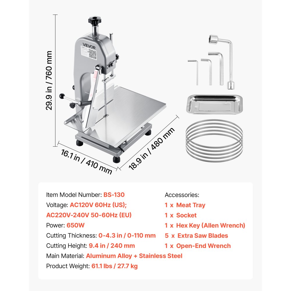 Sierra de cinta eléctrica comercial VEVOR, 650 W, de acero inoxidable, para encimera, con banco de trabajo de 31,7 x 46,5 cm y grosor máximo de corte de 10,9 cm. Corta pescado congelado para costillas, cerdo y ternera.