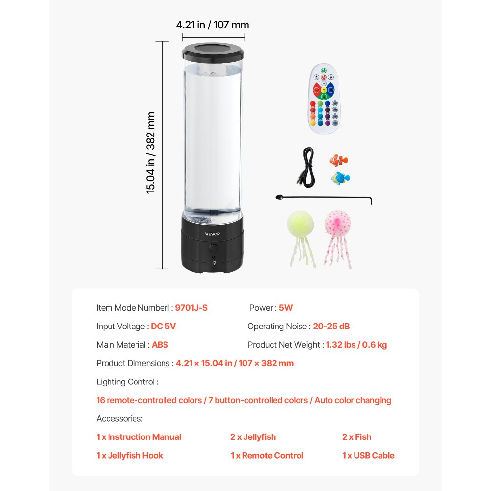 Lámpara de burbujas sensoriales VEVOR, 16 efectos de luz de colores, lámpara de pez con altavoz Bluetooth integrado y ruido blanco, luz nocturna de acuario falso para dormitorio, sala de estar y decoración del hogar.