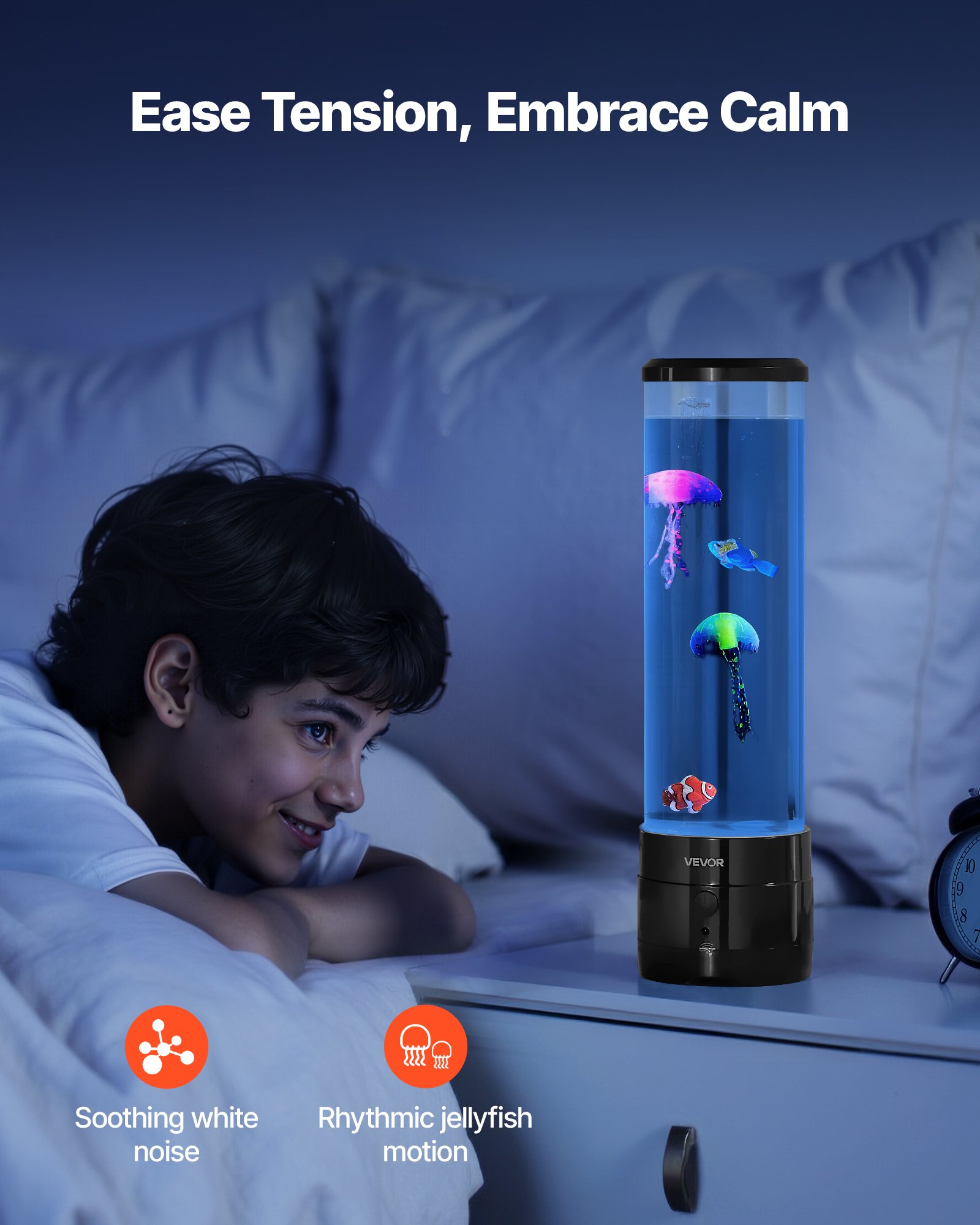 Lámpara de burbujas sensoriales VEVOR, 16 efectos de luz de colores, lámpara de pez con altavoz Bluetooth integrado y ruido blanco, luz nocturna de acuario falso para dormitorio, sala de estar y decoración del hogar.