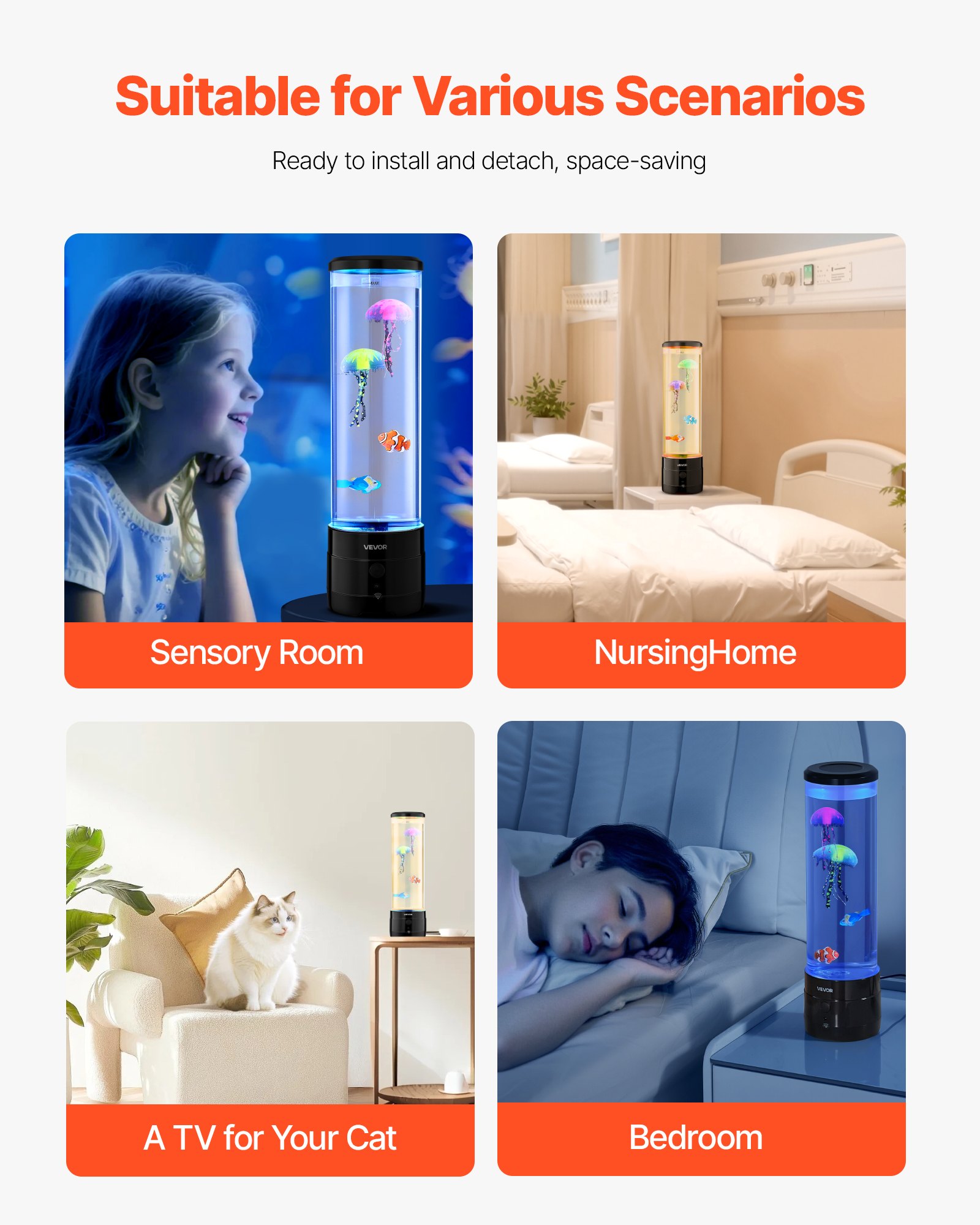 Lámpara de burbujas sensoriales VEVOR, 16 efectos de luz de colores, lámpara de pez con altavoz Bluetooth integrado y ruido blanco, luz nocturna de acuario falso para dormitorio, sala de estar y decoración del hogar.