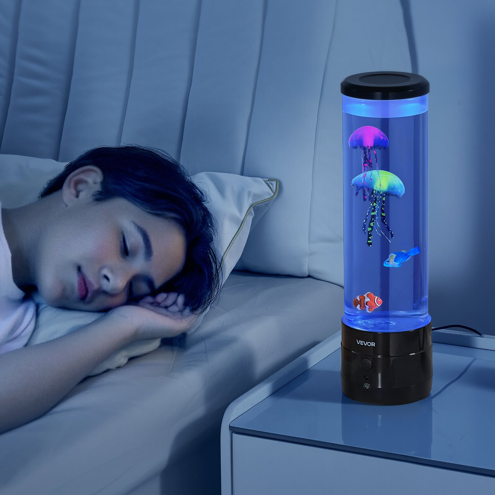 Lámpara de burbujas sensoriales VEVOR, 16 efectos de luz de colores, lámpara de pez con altavoz Bluetooth integrado y ruido blanco, luz nocturna de acuario falso para dormitorio, sala de estar y decoración del hogar.