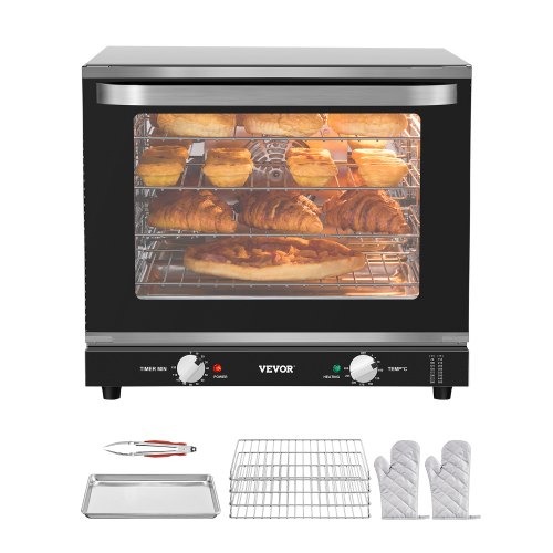 Horno comercial de encimera VEVOR, horno tostador de 66 L y 4 niveles con puerta de vidrio templado, rejillas y bandeja de alambre, horno de acero inoxidable de 2800 W para panaderías y restaurantes (CA 208-240 V, 60 Hz, enchufe y salida 6-20P)