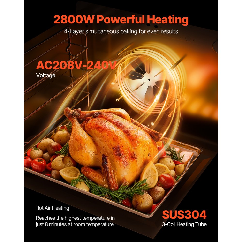 Horno comercial de encimera VEVOR, horno tostador de 66 L y 4 niveles con puerta de vidrio templado, rejillas y bandeja de alambre, horno de acero inoxidable de 2800 W para panaderías y restaurantes (CA 208-240 V, 60 Hz, enchufe y salida 6-20P)