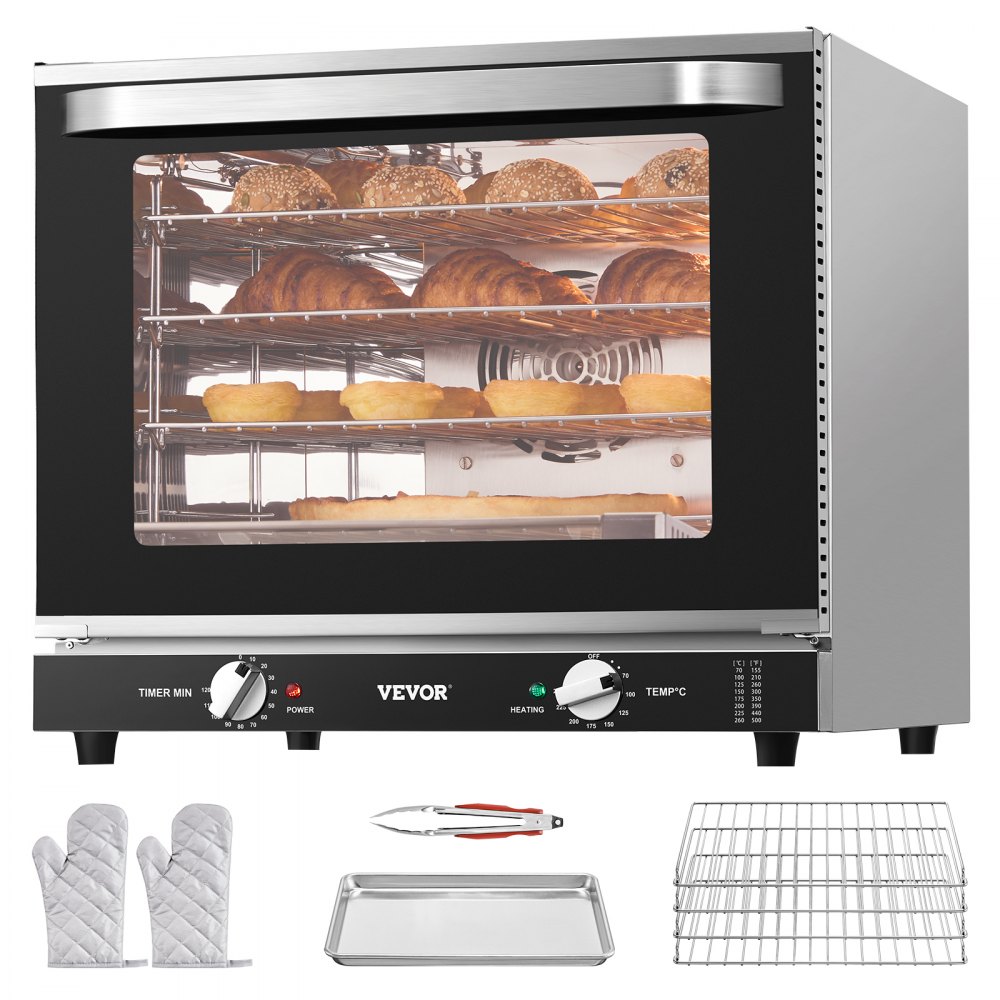 Horno comercial de encimera VEVOR, horno tostador de 66 L y 4 niveles con puerta de vidrio templado, rejillas y bandeja de alambre, horno de acero inoxidable de 2800 W para panaderías y restaurantes (CA 208-240 V, 60 Hz, enchufe y salida 6-20P)