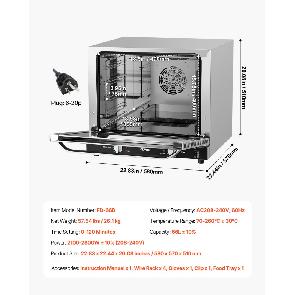 VEVOR Commercial Countertop Oven, 66L 4-Tier Toaster Ovens with Tempered Glass Door, Wire Racks & Tray, 2800W Stainless Steel Baking Ovens for Restaurant Bakery (AC208~240V,60Hz, 6-20P Plug & Output)