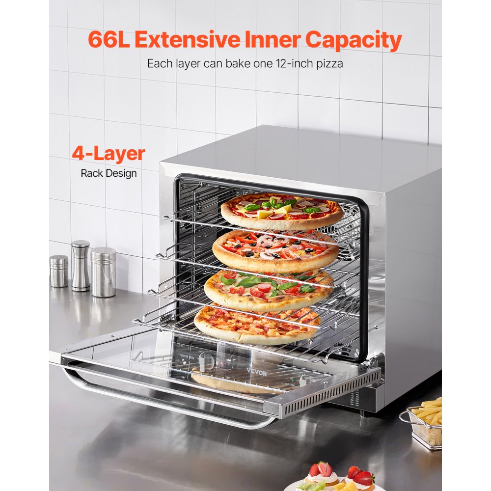 Horno comercial de encimera VEVOR, horno tostador de 66 L y 4 niveles con puerta de vidrio templado, rejillas y bandeja de alambre, horno de acero inoxidable de 2800 W para panaderías y restaurantes (CA 208-240 V, 60 Hz, enchufe y salida 6-20P)
