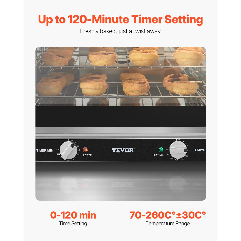 Horno comercial de encimera VEVOR, horno tostador de 66 L y 4 niveles con puerta de vidrio templado, rejillas y bandeja de alambre, horno de acero inoxidable de 2800 W para panaderías y restaurantes (CA 208-240 V, 60 Hz, enchufe y salida 6-20P)