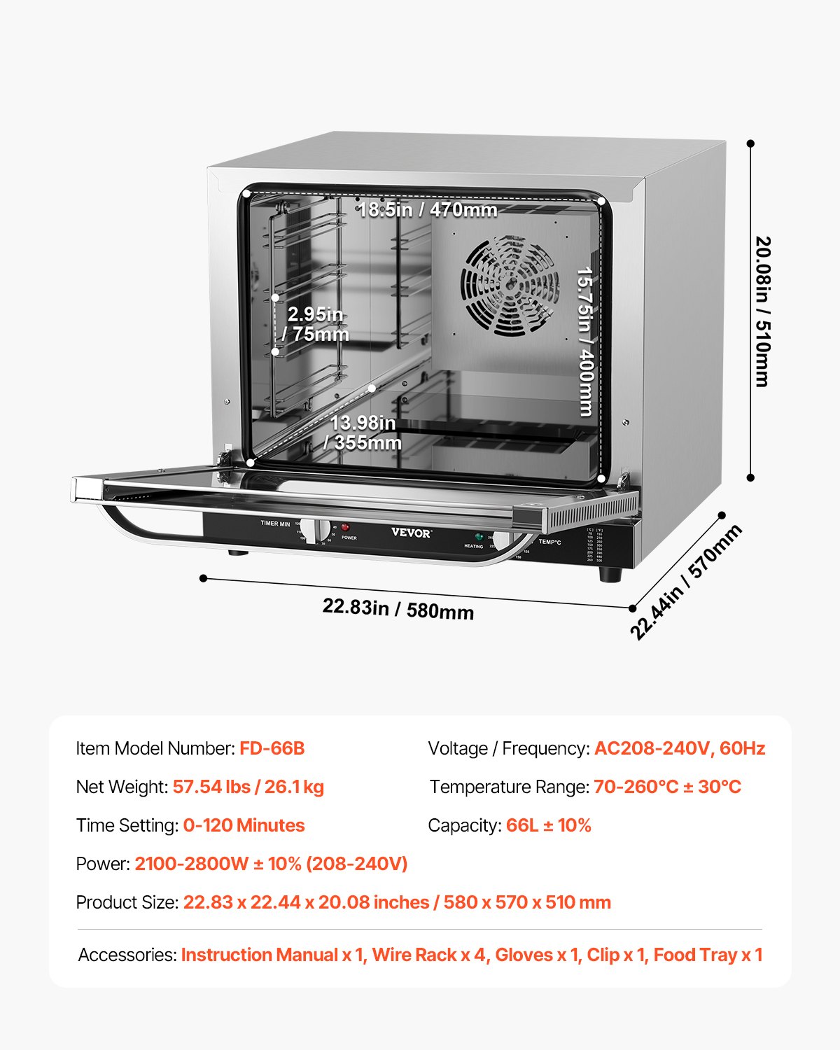 Horno comercial de encimera VEVOR, horno tostador de 4 niveles de 66 L, horno eléctrico de 2800 W con puerta de vidrio templado, rejillas de alambre, bandeja con clip y guantes, horno comercial de acero inoxidable para restaurantes y panaderías.