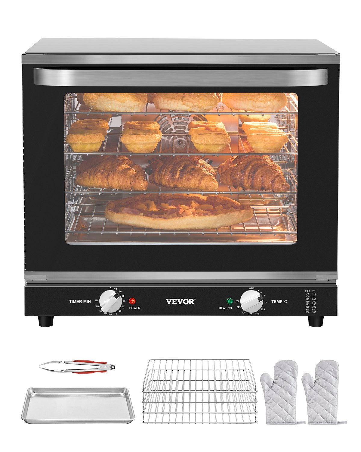 Horno comercial de encimera VEVOR, horno tostador de 4 niveles de 66 L, horno eléctrico de 2800 W con puerta de vidrio templado, rejillas de alambre, bandeja con clip y guantes, horno comercial de acero inoxidable para restaurantes y panaderías.